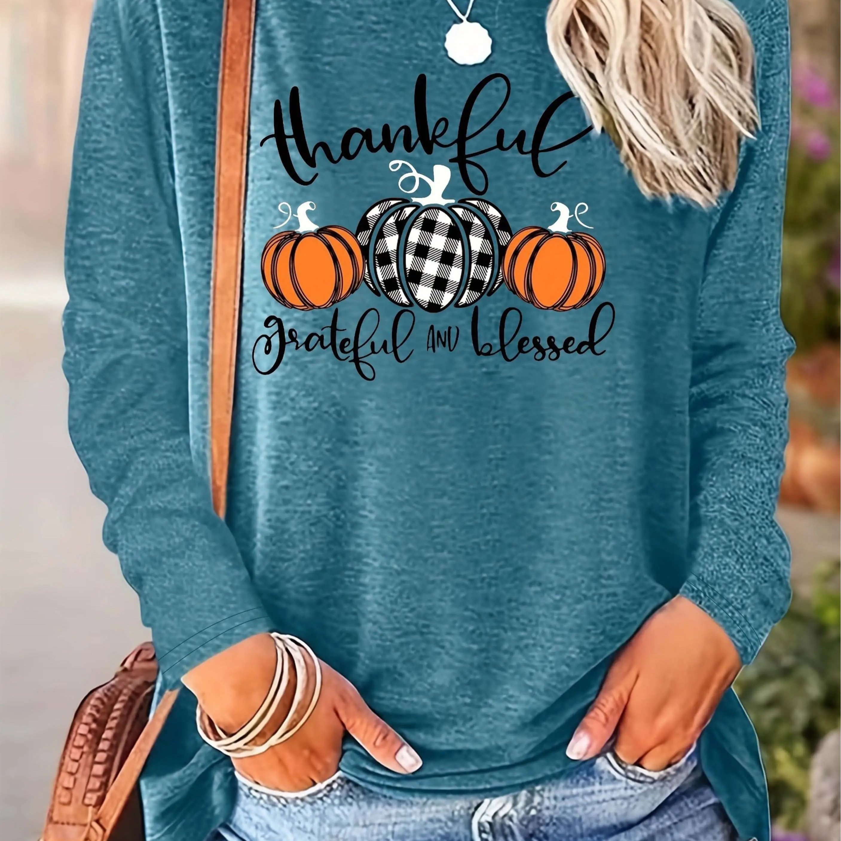 Women's Pumpkin Print T-shirt - Cozy Fall Autumn Long Sleeve Blouse With Round Neck, Casual Loose- Suitable For Fall Winter Wear, Machine Washable Pumpkin Print Blouse
