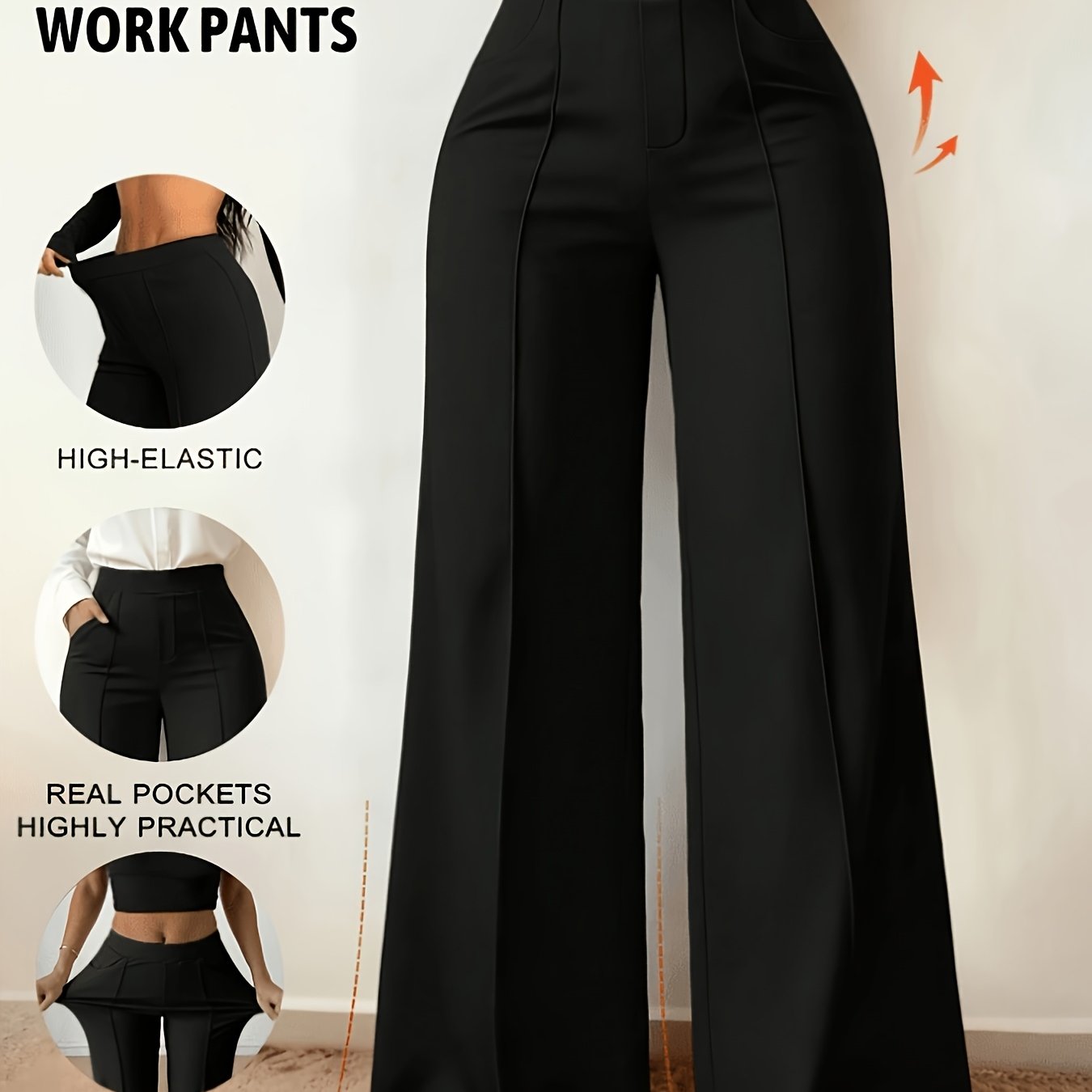 TEMU [guangbei Border Elegant Fixed Item] Women's High-elastic Casual Trousers With Pockets, Suitable For Daily Wear, Commuting, Office, And Leisure,