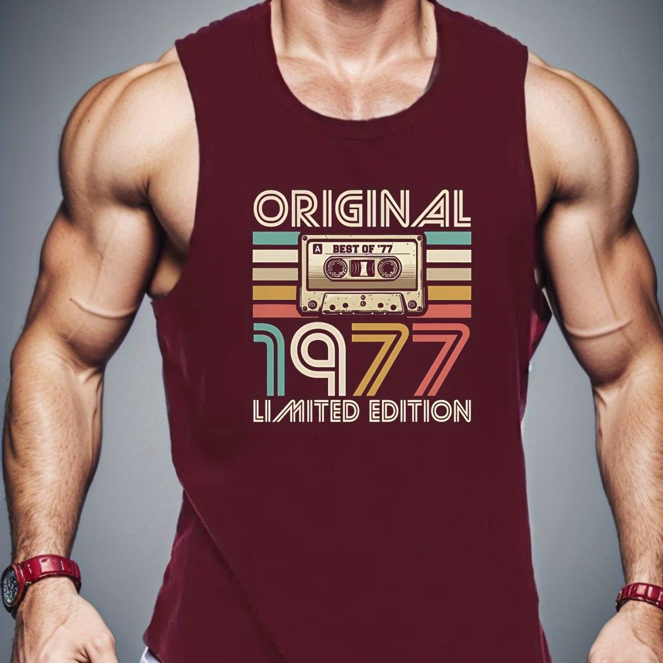 TEMU Original 1977 Edition Men's Vest - Retro Cassette Design, Maroon Sleeveless Tank Top, Casual Summer Wear, Regular Fit, Adult Sizes, Vintage