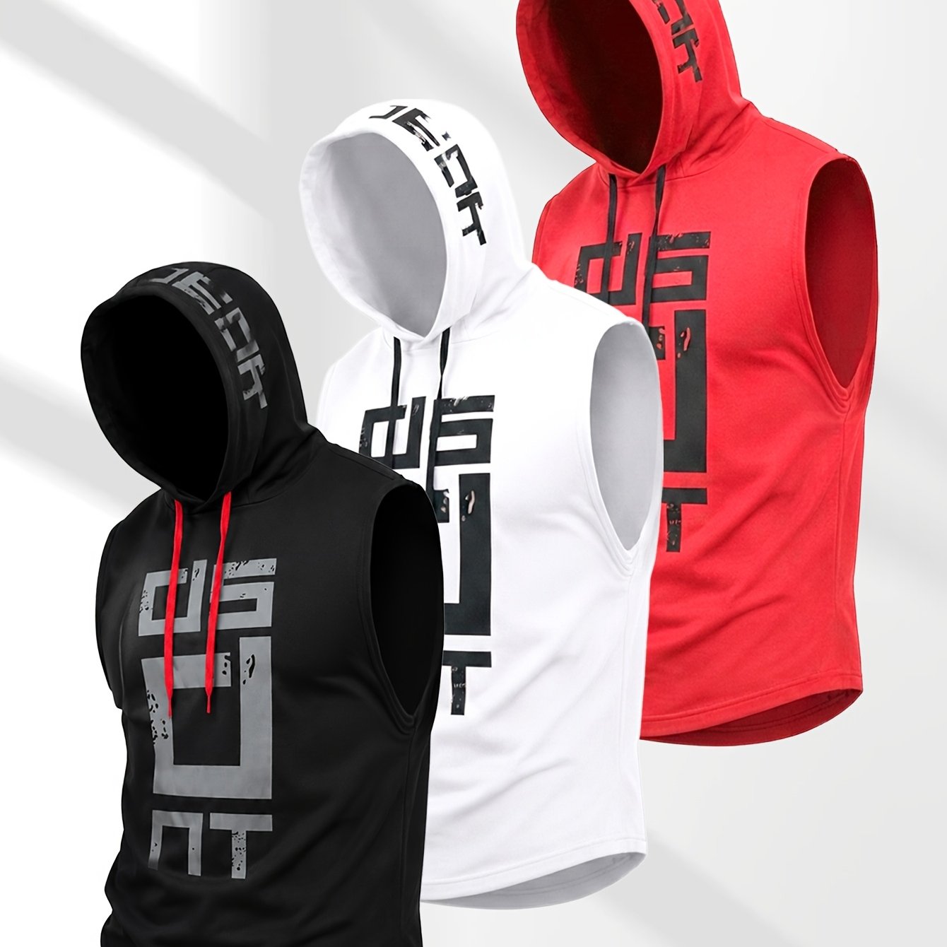 TEMU 3pcs Men' Letter Print Tight Sleeveless Hoodie - Ultra-breathable, Quick-dry, High- Gym Wear - Ideal Gift For Basketball, Running, &