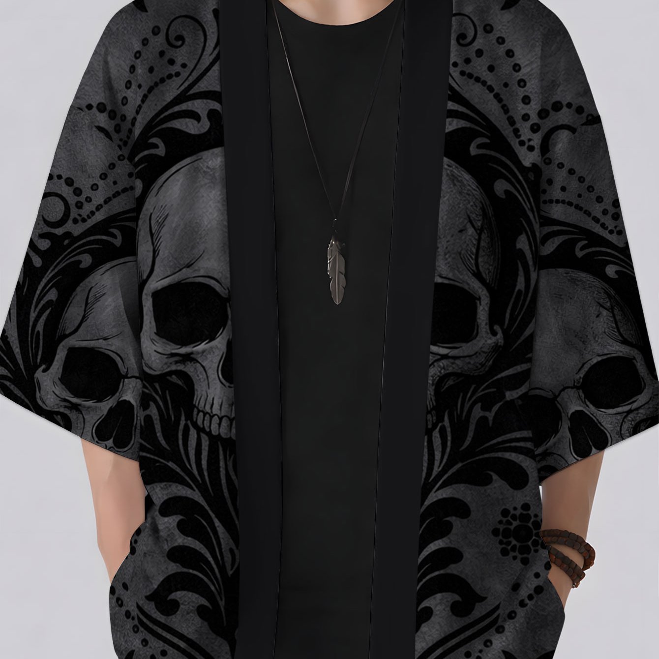 TEMU New Summer Men's Kimono Cardigan, Loose Fit Casual Trendy Thin Cape Outerwear, Men's , Versatile Vintage Skull Floral Dark Pattern