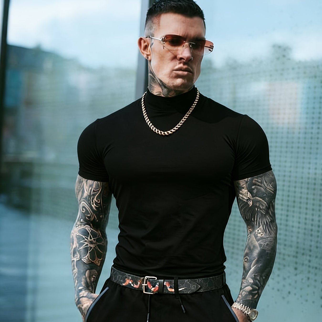 TEMU Rose OBM T-Shirt Sport à Col Montant Manches Courtes pour Homme, T-Shirt de Fitness Respirant et Rafraîchissant, Sous-Vêtement Slim-Fit Uni,