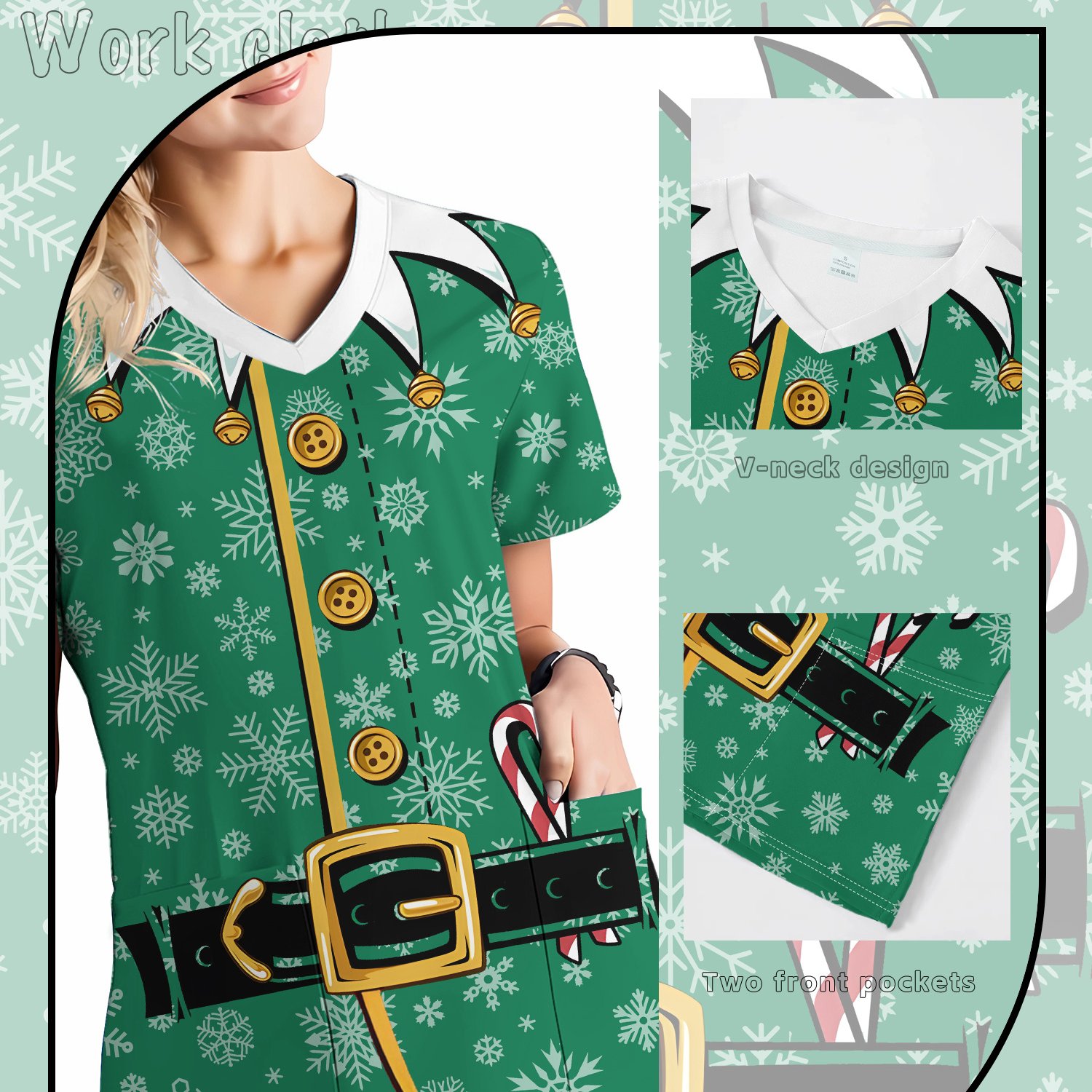 TEMU Christmas Clothing Texture Element Pattern, Women's Doctor Work Uniform Top, With 2 Pockets, Women's Professional Top, Nurse Work Uniform,