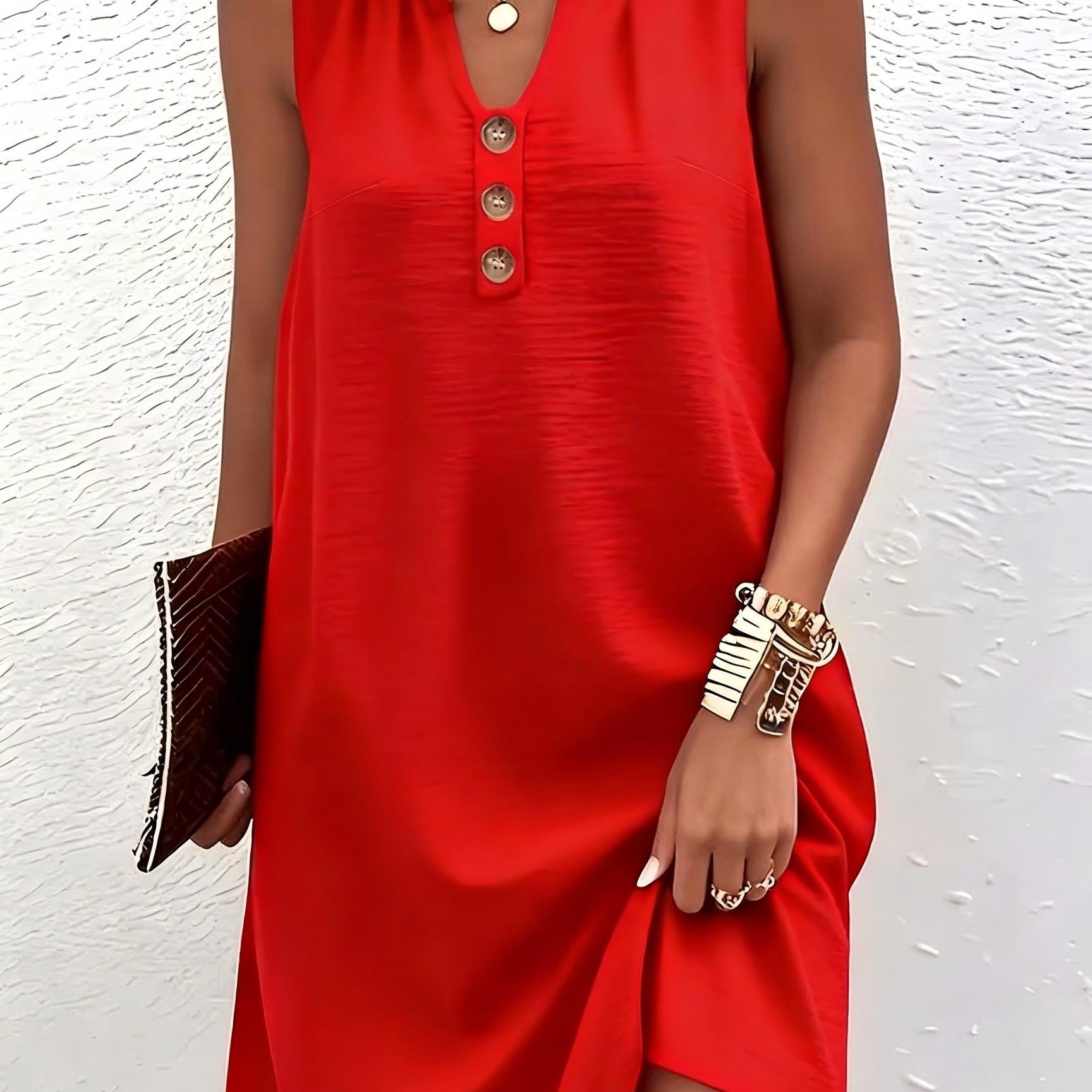 Plus Size Women' Color Long Dress, V-neck Button-decorated Dress