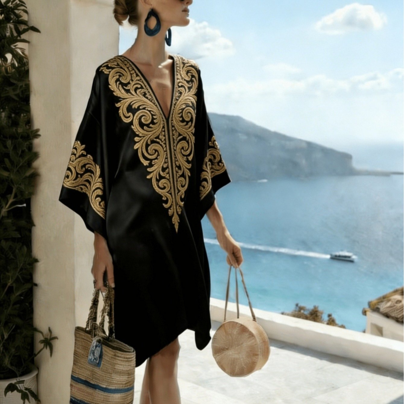 Plus Size, Elegant Black Golden Baroque Scroll Floral Print Plus Size V Neck Wide Batwing Sleeve Loose Kaftan Mini Dress Satin Oversized Beach Cover Up Vacation Tunic Dress
