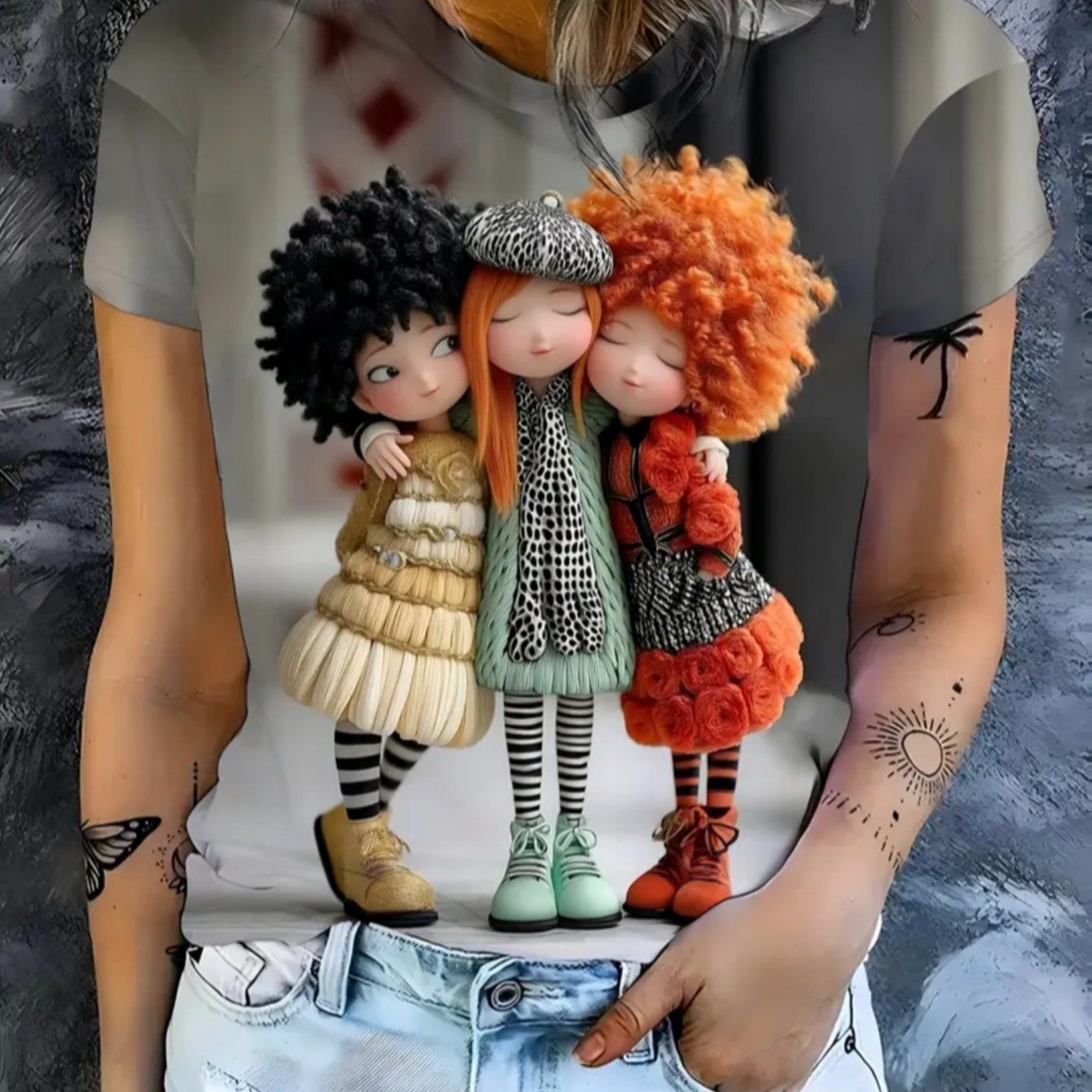 TEMU [printed Design-not Textured] Fashionable And ! Short Sleeve T-shirt With Unique And Colorful Cute Cartoon Doll Embracing Pattern