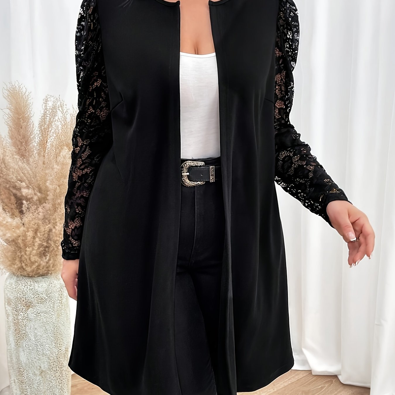 E-shop Plus Size - Plus Size - Damenmode in großen Größen - Elegante, einfarbige Spitzen-Patchwork-Armlagen, mittellange Jacke für Frühling und Herbst
