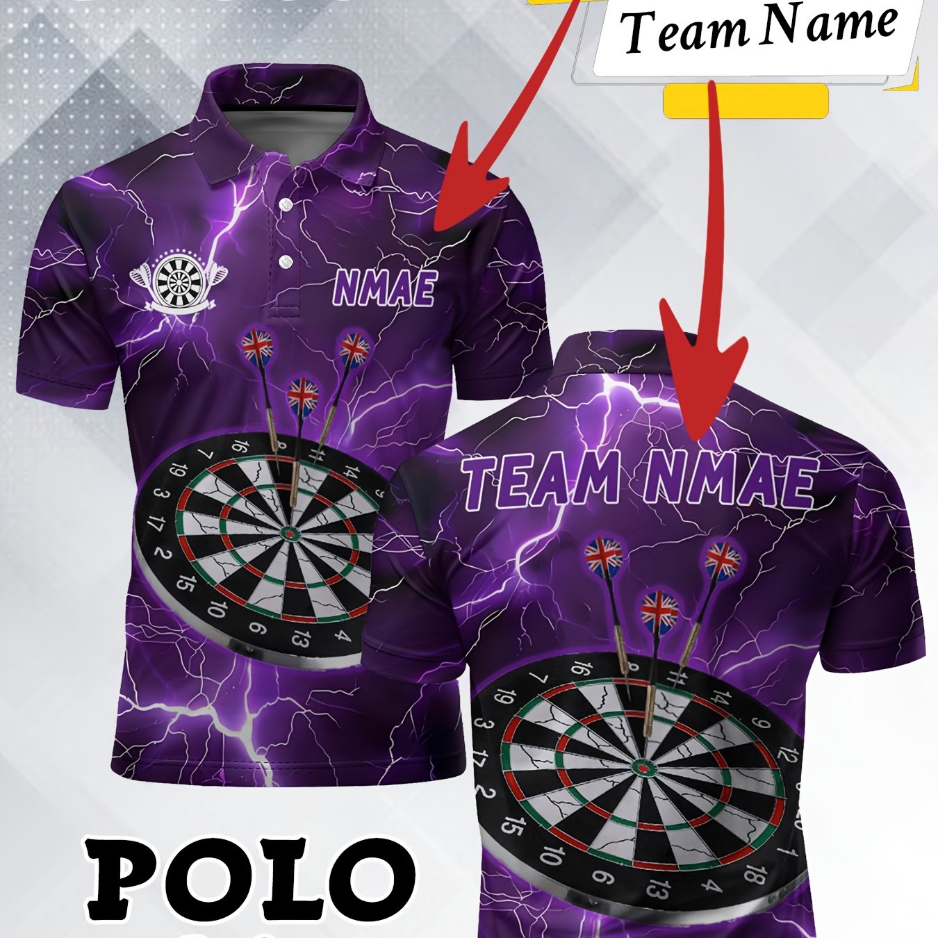 TEMU Customized Purple Men's Lightning Darts Shirt, Name And Team Name Customization Available, Bright Contrast Stitching, Breathable Polyester