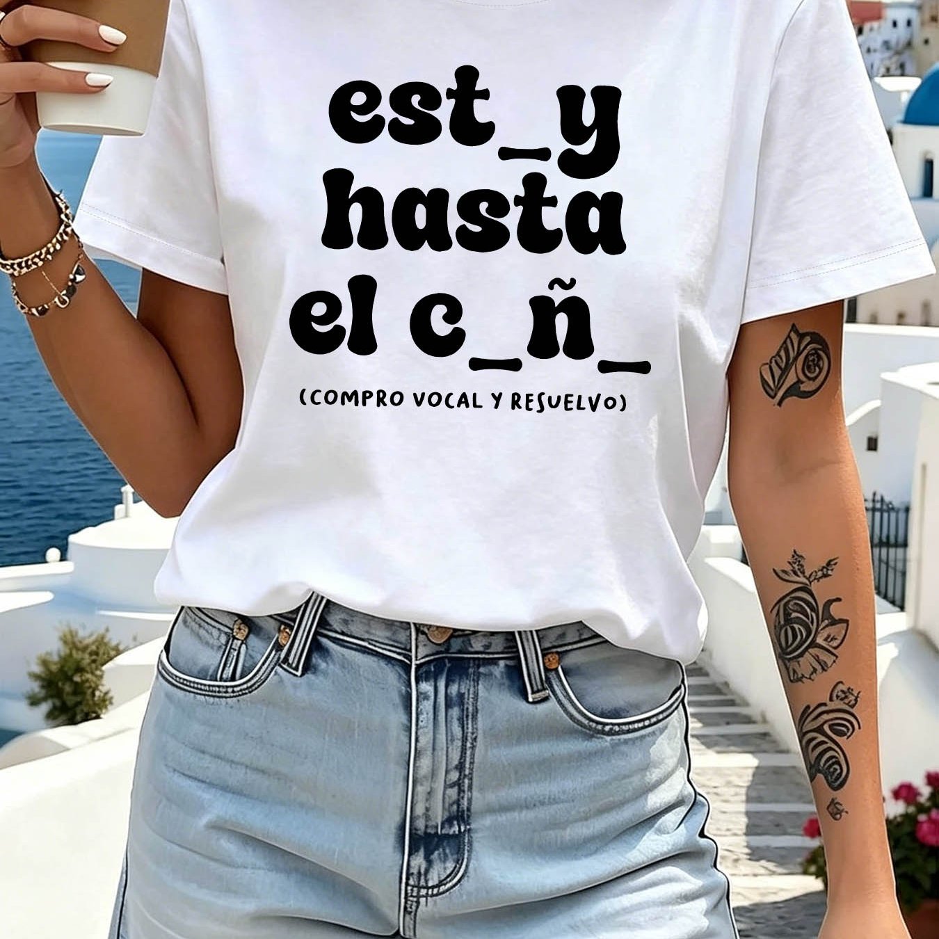 TEMU La mejor camiseta de algodón para mujer con cuello , y sarcástica, con estampado de gruesas de , top para a día