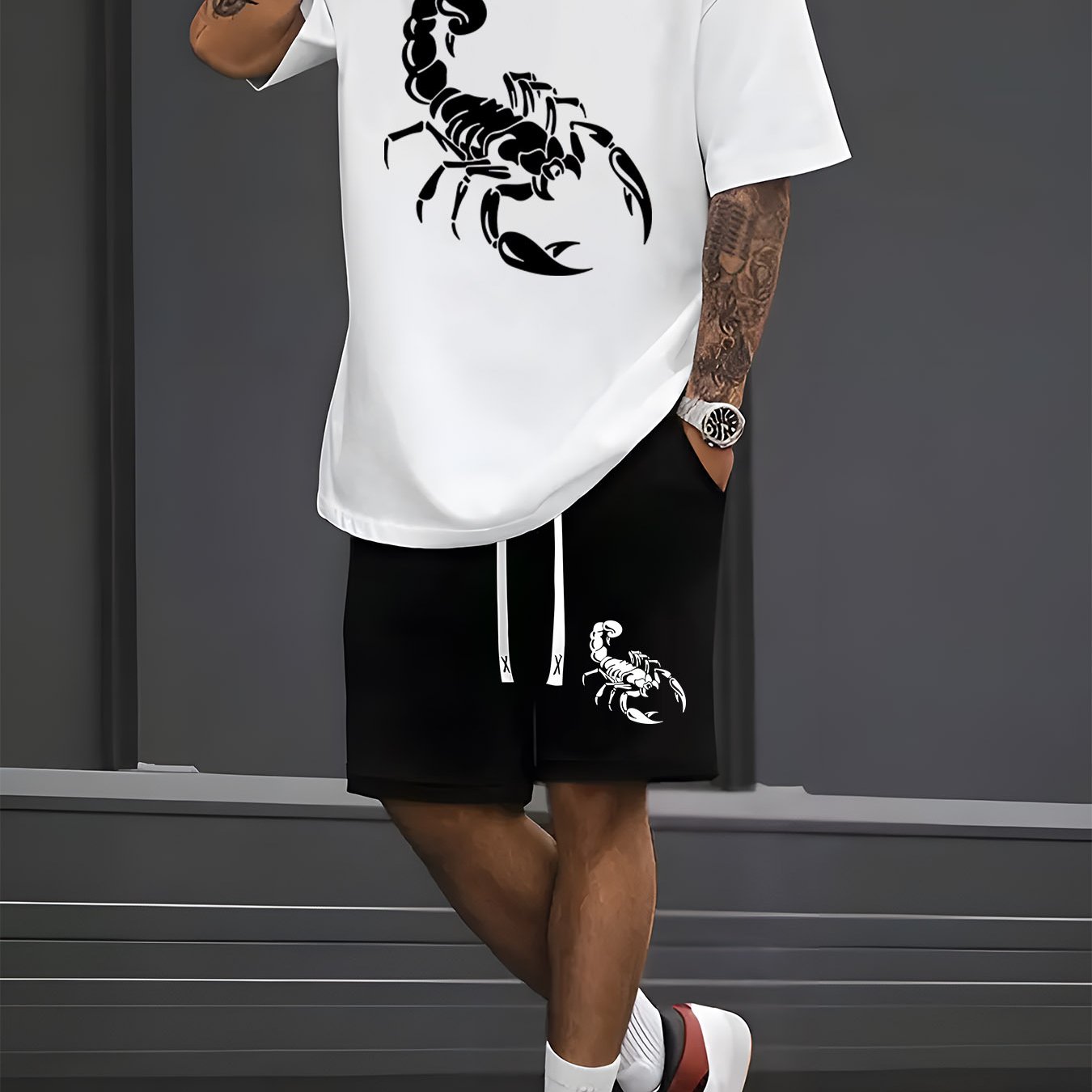 TEMU A Casual Sports Set Consisting Of A Short-sleeve T-shirt With A Minimalist Black Print And Fitted Shorts, Perfect For Spring And Summer Outfits