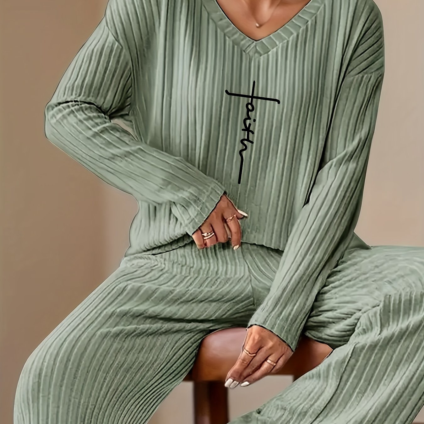 Letter Print V-neck Ribbed Set, Elegant Loose-fit Long Sleeve 2pcs Set With Fashionable Casual Straight-leg Pants
