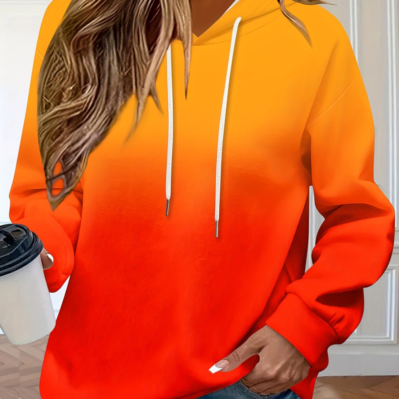 Autumn/winter Women's Fashion Gradient Color Printed Long-sleeve Sweatshirt With Crew Neck And Drawstring Hood, Loose Fit Casual Sweatshirt Top