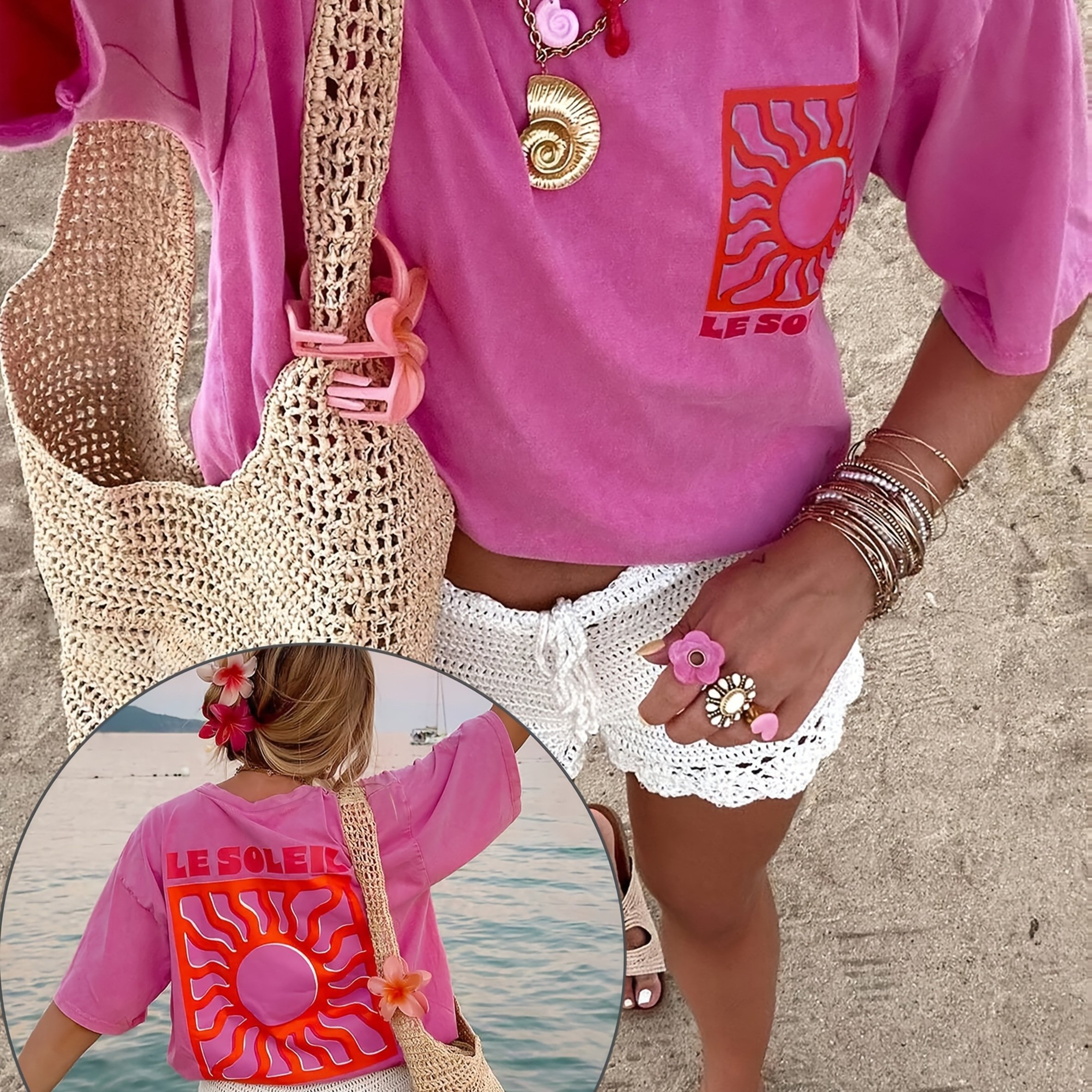 TEMU Women's French "the Sun" Inspired Casual Round Neck T-shirt, With French Sun Pattern - Fabric | Round Neck | Short Sleeve | Stretch | Top |