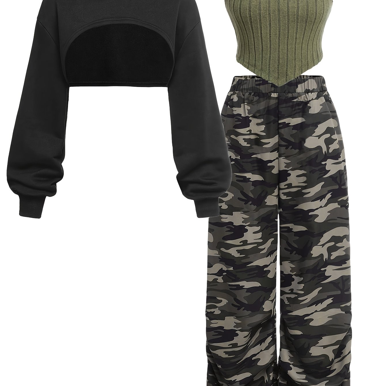Women's 3pcs Set: New Autumn/winter Streetwear Hooded Top, Solid Top, And Camouflage Casual Print Pants Set Pb-964
