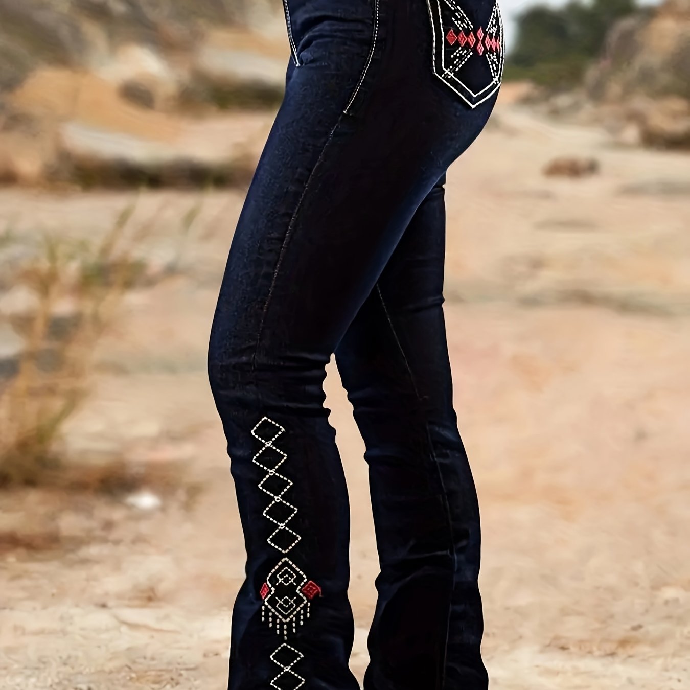 Hme Plus Women's Stretch Flare Jeans - Elegant Vintage Blue With Embroidered Contrast Details