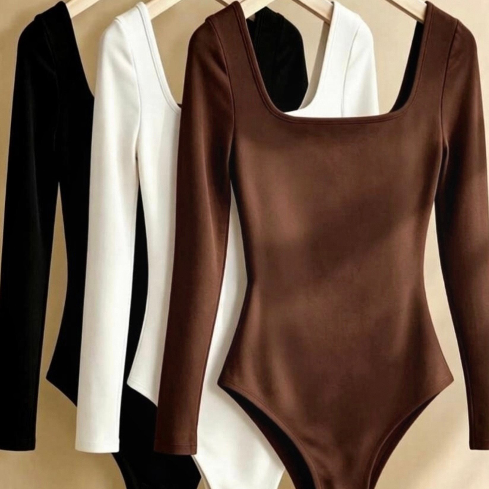 TEMU Conjunto de 3 piezas para mujer: Body de larga y cuello cuadrado, ajuste entallado, color liso, elástico, de pelo cepillado y aguja, capa base
