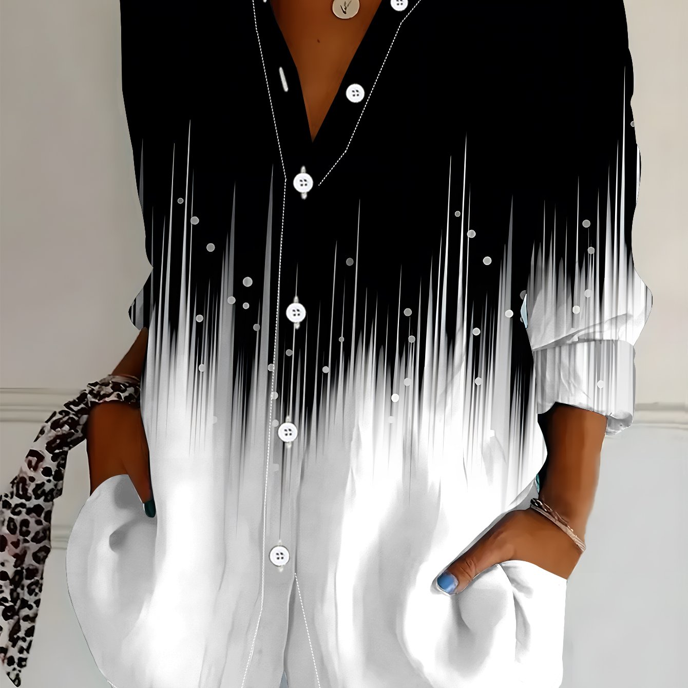 TEMU Plus Size - Women's Long Sleeve Shirt, Easy Style ' Printed Blouse, Line Element Trendy, Feminine Floral Shirt, Black And Show, Women's Casual