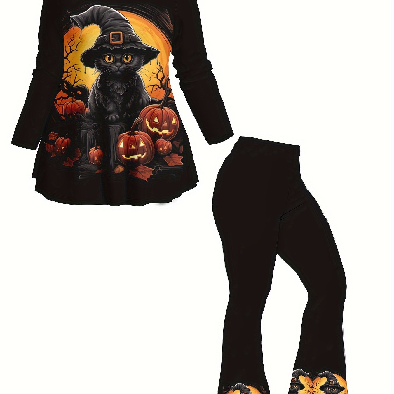 TEMU Plus Size, Plus Size Ladies Fashion 2pcs Suit - Halloween Pumpkin Long Sleeve Print And Fashionable High Waist Flared Pants Suit - Versatile