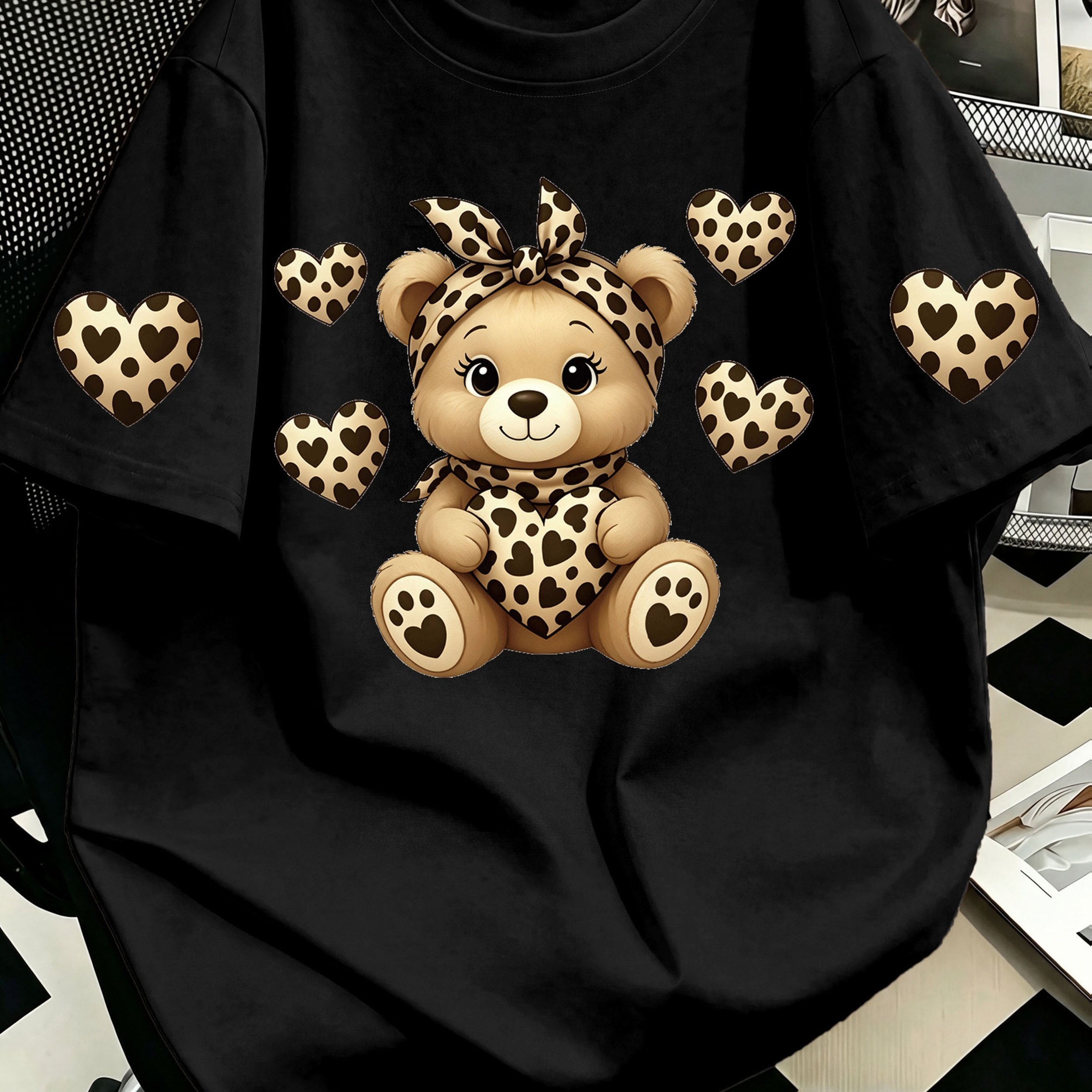 TEMU Plus Size, Plus Size Women's Leopard Print Heart And Bear Pattern Printed T-shirt, Fashionable Office Casual Top, Soft And Skin- T-shirt, Crew