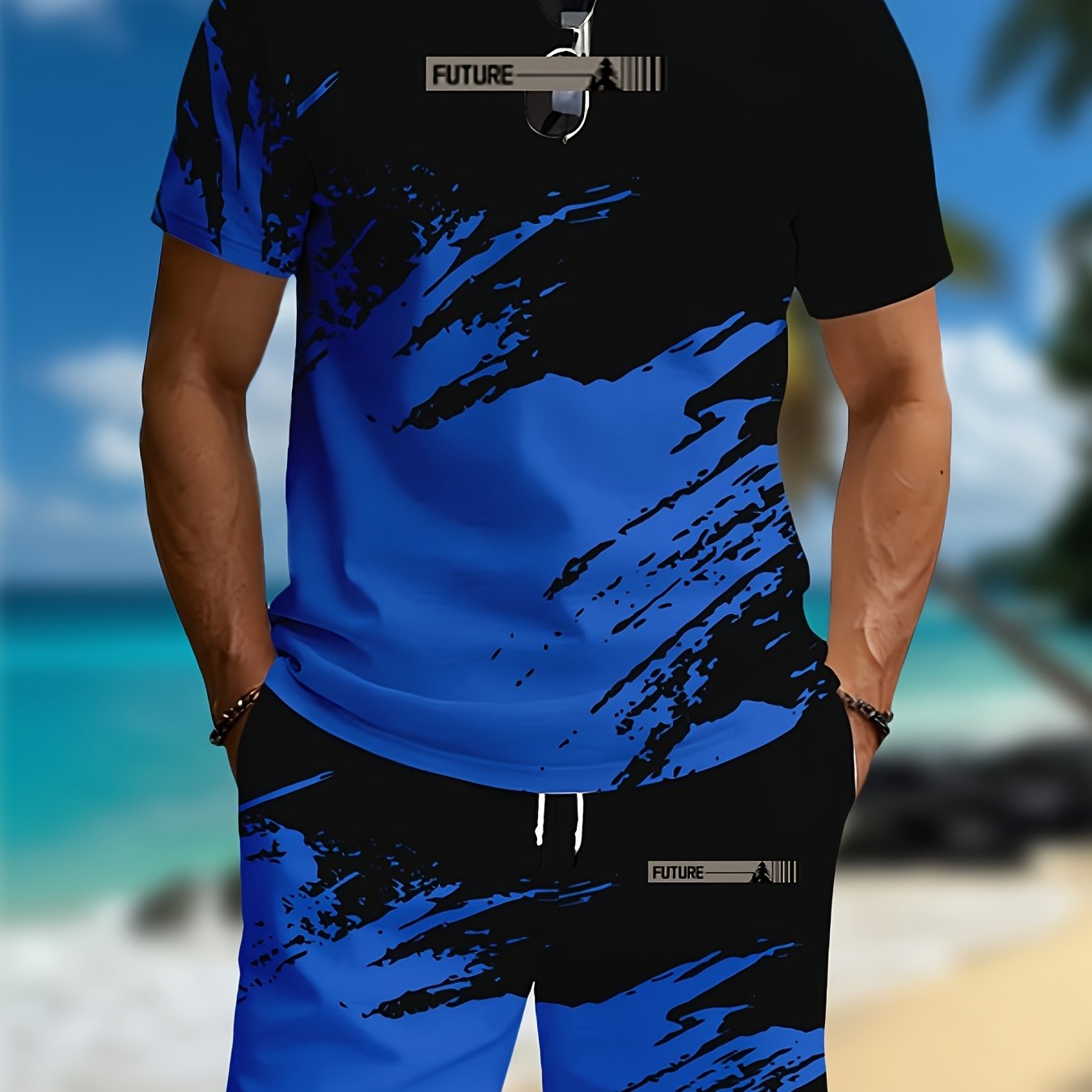 TEMU Ink Splash Men's Summer Sportswear Set, Short Sleeve And Shorts 2pcs Set, Trendy Brand Casual Beachwear With Letter And Pine Tree Print, Black