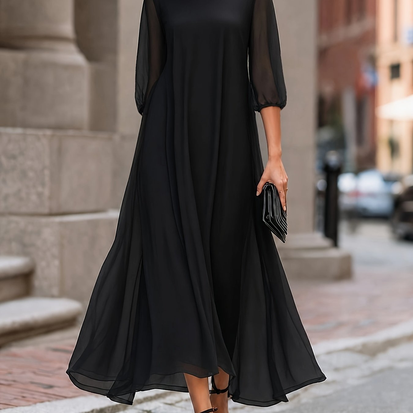 TEMU Women's Fashion Round Neck Medium Sleeve A-line Dress Loose Draped Boho Style Flattering Floor-length Skirt Suitable For Weddings, Casual