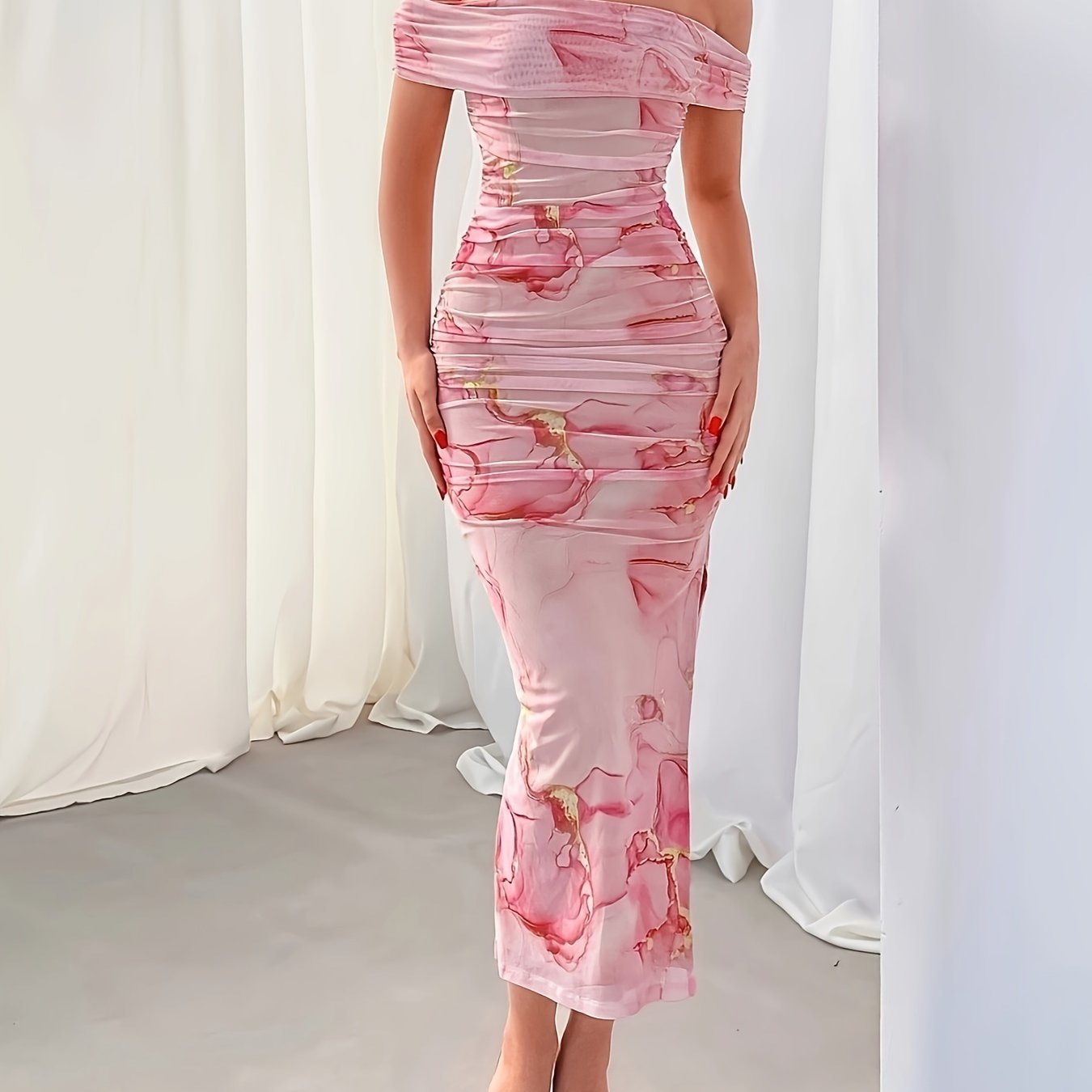 Marble Print Off Shoulder Bodycon Dress, Elegant Ruched Split Midi Dress, Women's Clothing For Party Dressing