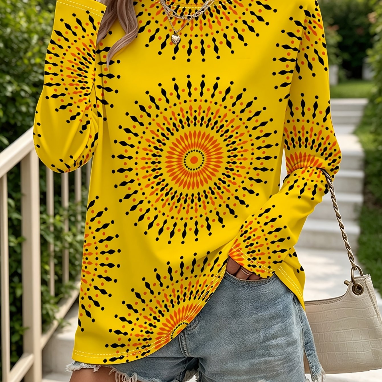 TEMU T-shirt imprimé intégral Africaine, Haut décontracté à manches longues et col rond, Printemps/Automne, Vêtements pour femmes - Positionnement -