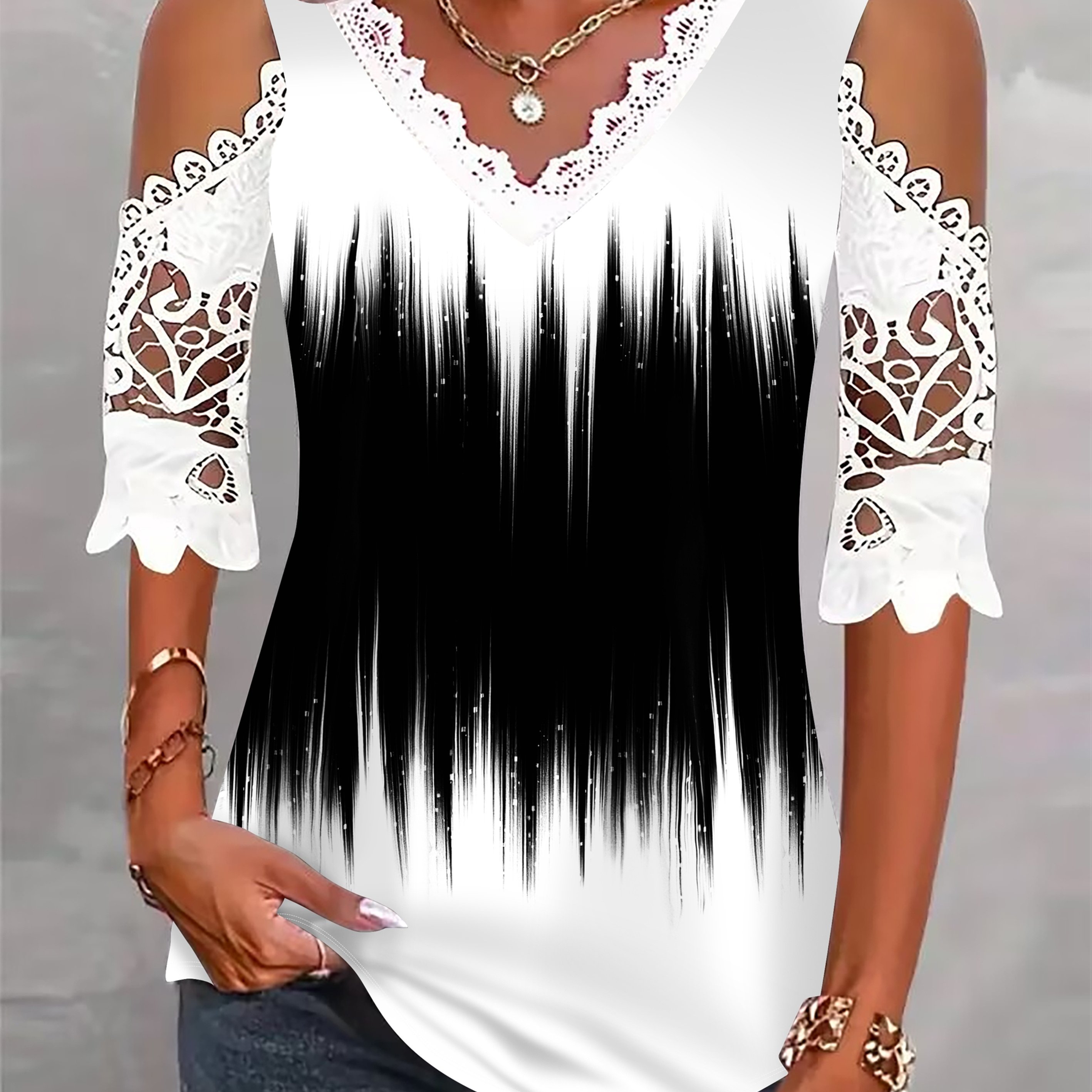 Image of New Women's Lace Sleeve T-shirt Fashion Gradient Print Top
