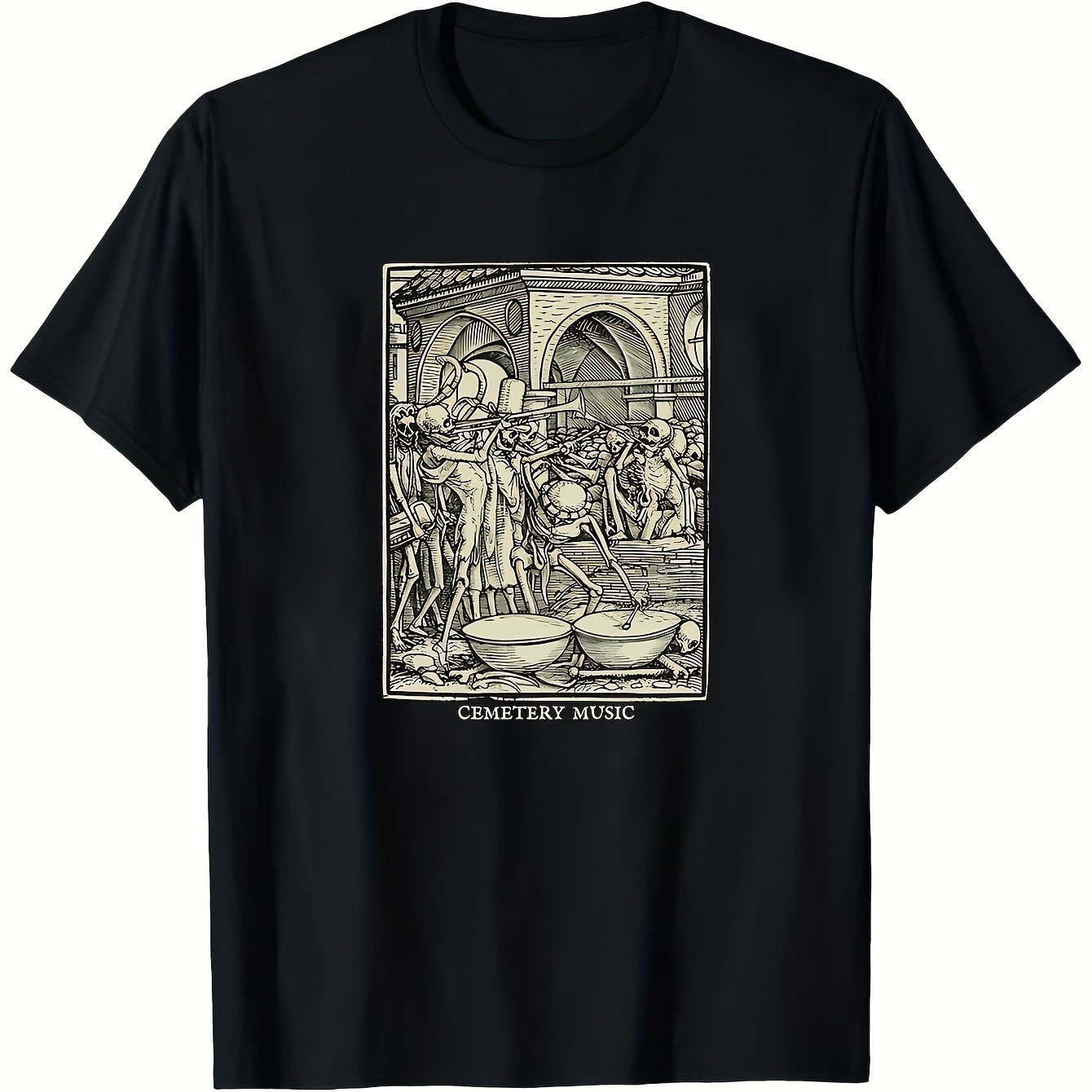 TEMU Gothic Style T-shirt, Featuring Graveyard Music Of Death Design - 1pc Black Shirt With Medieval Danse Print. This Retro Commemorative Death Top