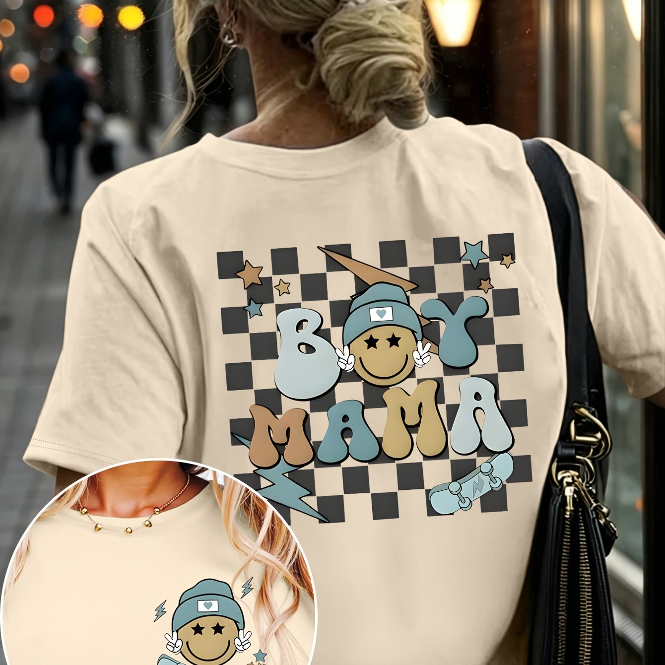 TEMU Front And Back Short-sleeved T-shirt - Creative Checkerboard Pattern, Cartoon , Skateboard Pattern, Fun Slogan Print Basic Short-sleeved T-shirt