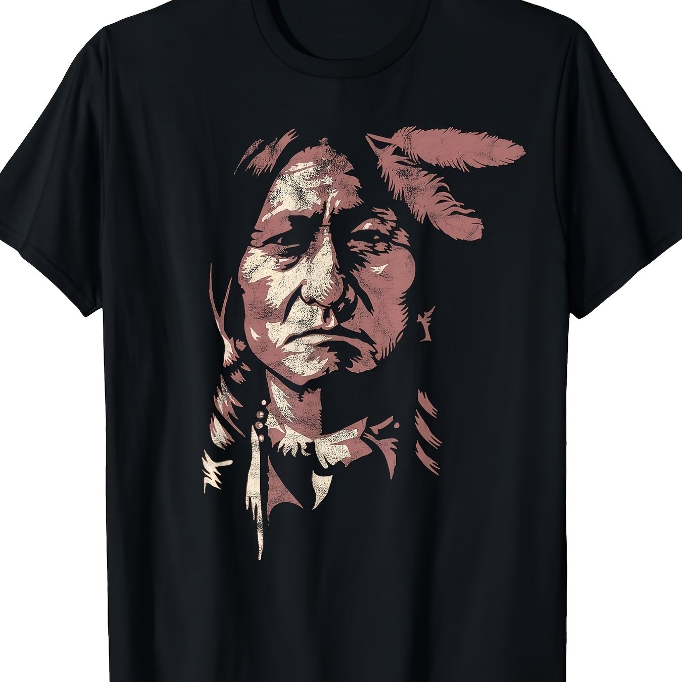 TEMU T-shirt pour homme avec motif de chef amérindien local avec coiffe et visage, noir, 100 % coton, design tribal, manches courtes, col rond, pour