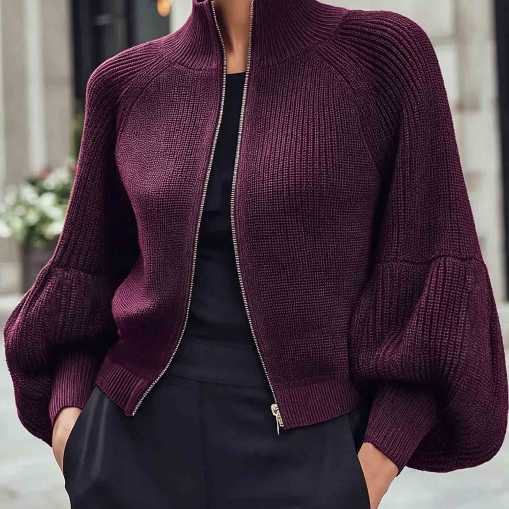 Image of Short Zip Up Cardigan For Autumn And Winter, Featuring A High Stand Up Collar For A Stylish Silhouette And Thick Textured Fabric; Signature Lantern Shaped Puffy Long Sleeves