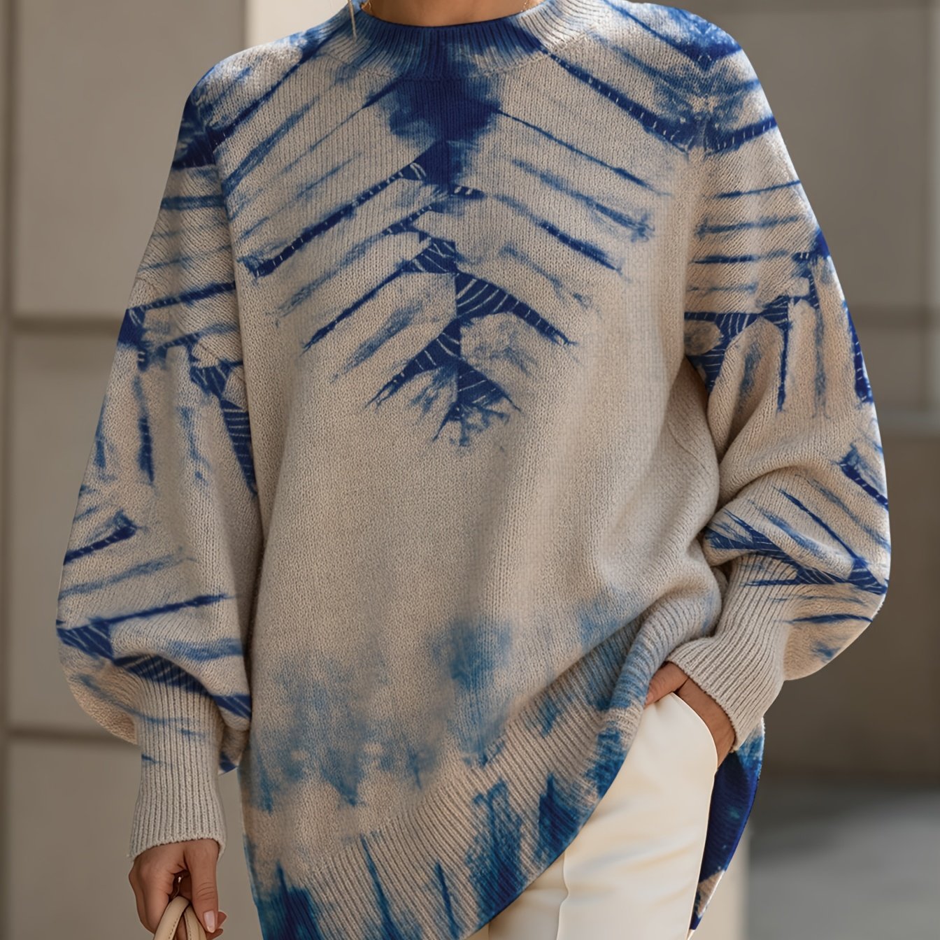 TEMU [Pull Léger] Imprimé Tendance Bleu et Blanc Tie-Dye Géométrique , Pull Oversize Femme, Manches Longues Bouffantes Lanternes, Poignets Côtelés et