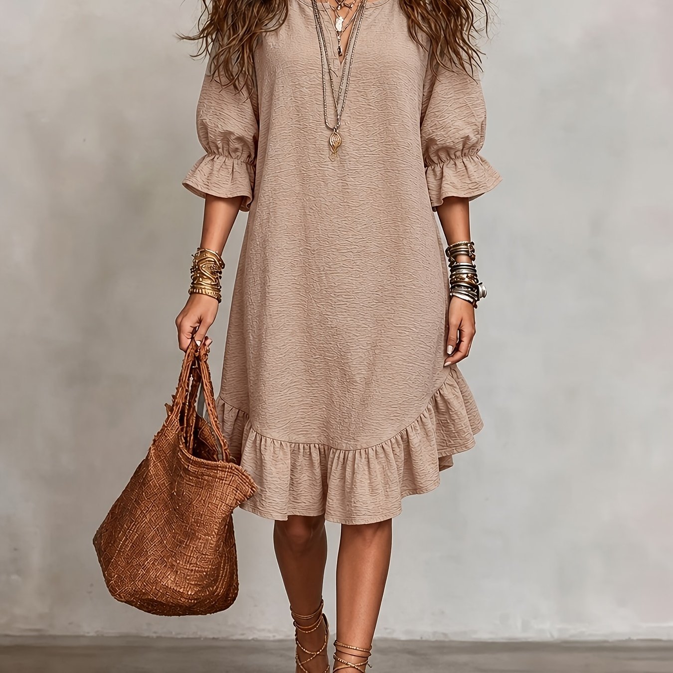 TEMU Women's Ruched Textured V-neck Midi Dress With Ruffle Three-quarter Sleeves, Irregular Hem, Loose Fit, Casual Straight Cut Skirt. Suitable For