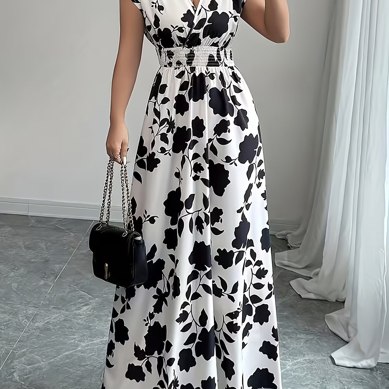 Ladies' V-neck Floral Long Dress | Perfect For Spring/fall, Shirred Detail, A-line Pendulum Style