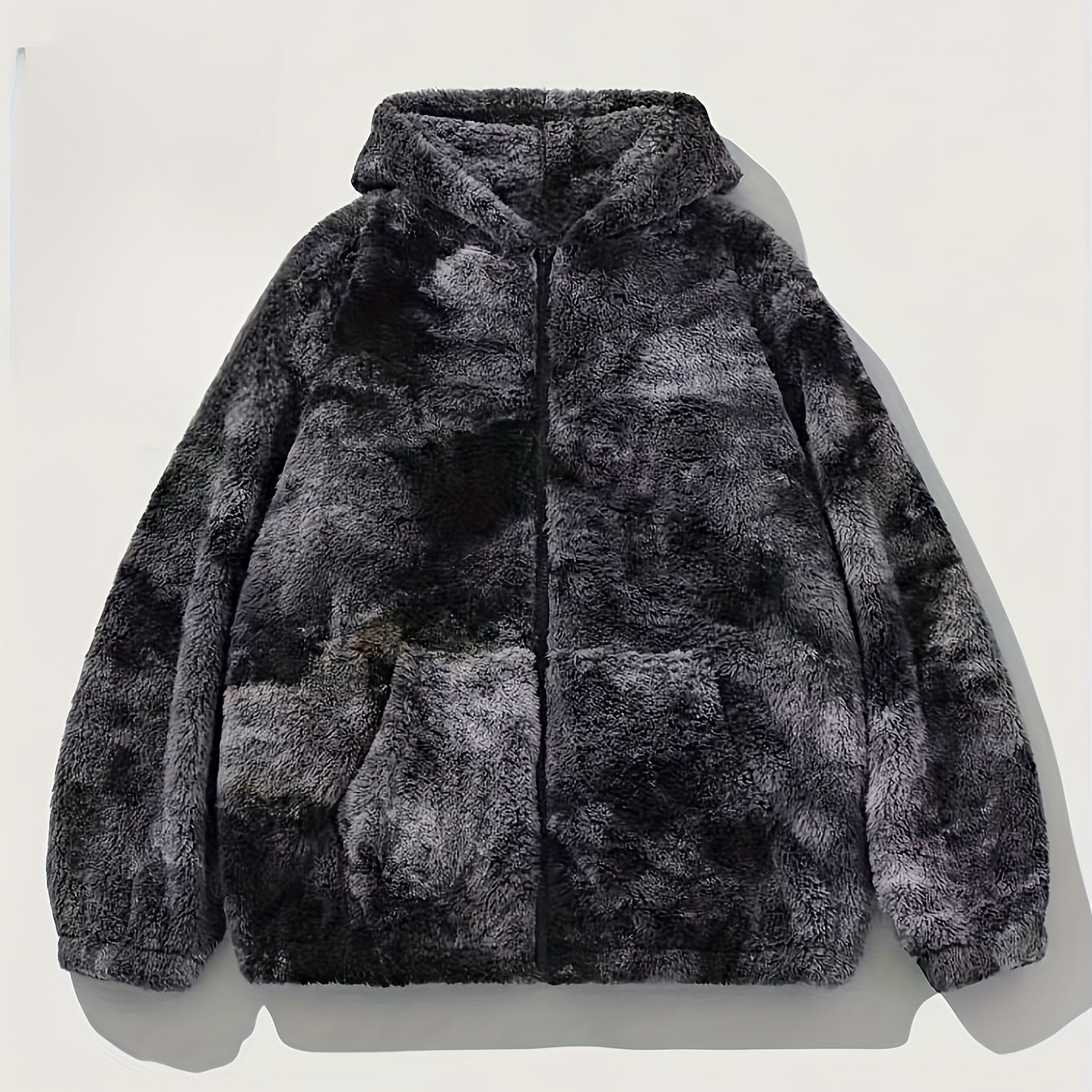 Men's Tie-dye Hooded Plush Jacket, Patterned Individual Plush Material Warm Comfortable Showcasing Casual Trendy Style