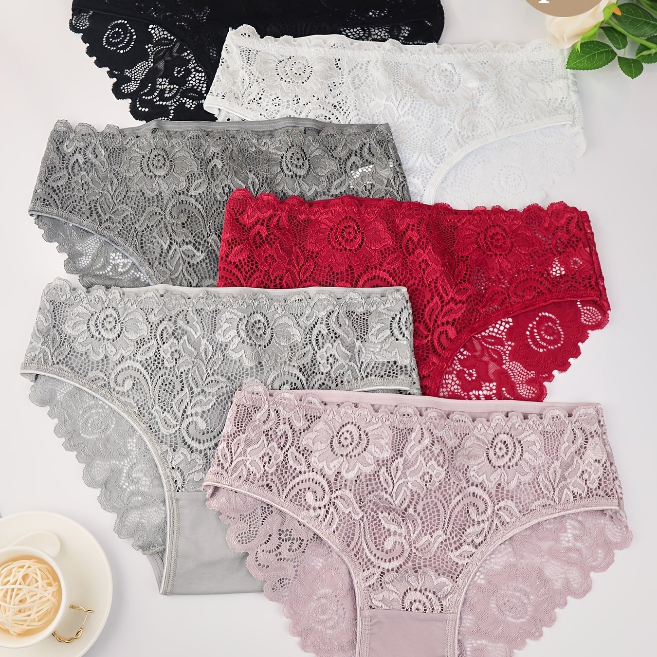 Image of 6pcs Set Women's Floral Lace Briefs, Mid-waist Wavy Lace Trim Panties, High-elastic Breathable Gusset Underwear, Mixed 's Intimate Apparel