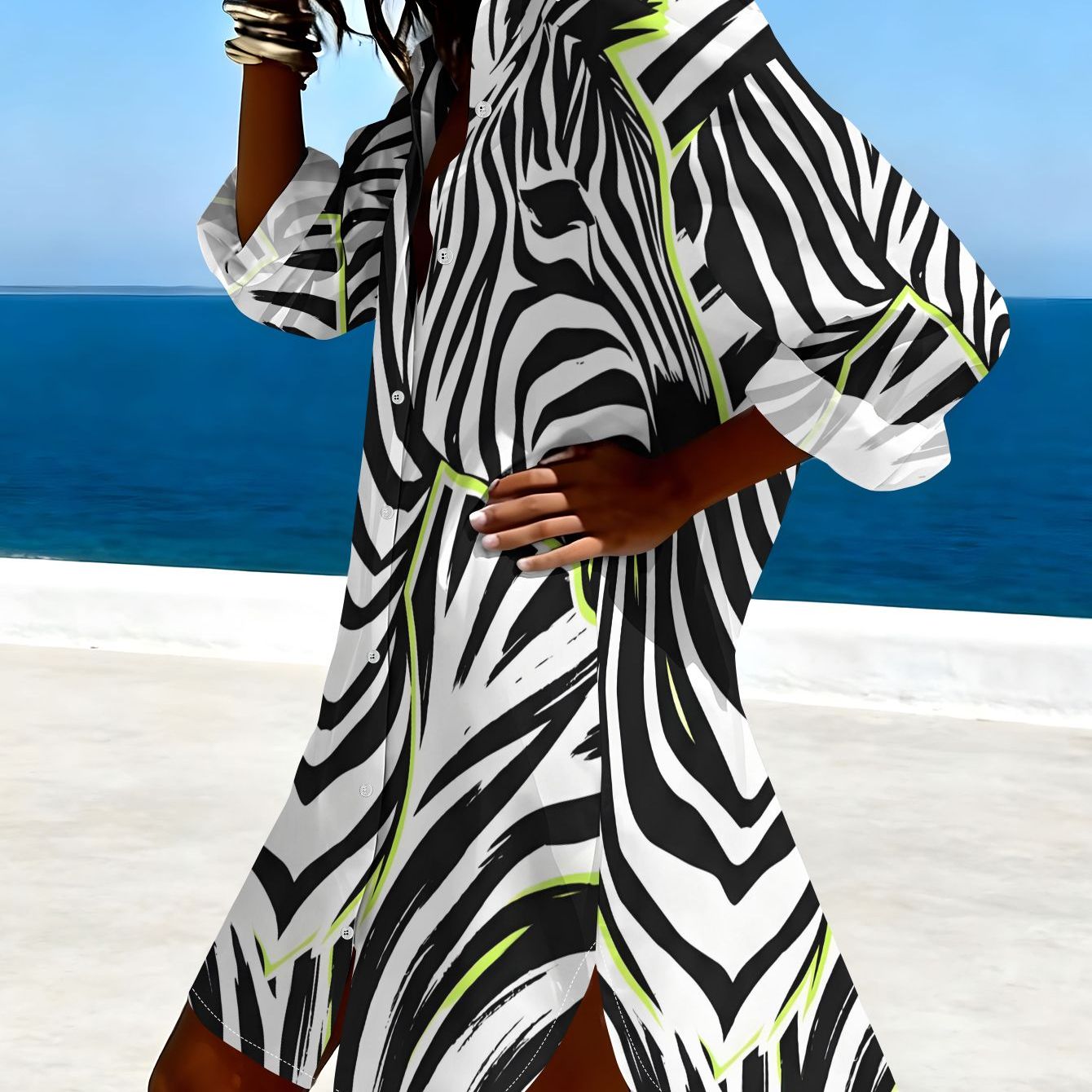 TEMU Vestido camisero de larga para mujer, Vestido camisero de larga con rayas de cebra y bloques de color individuales, Camisa larga holgada de