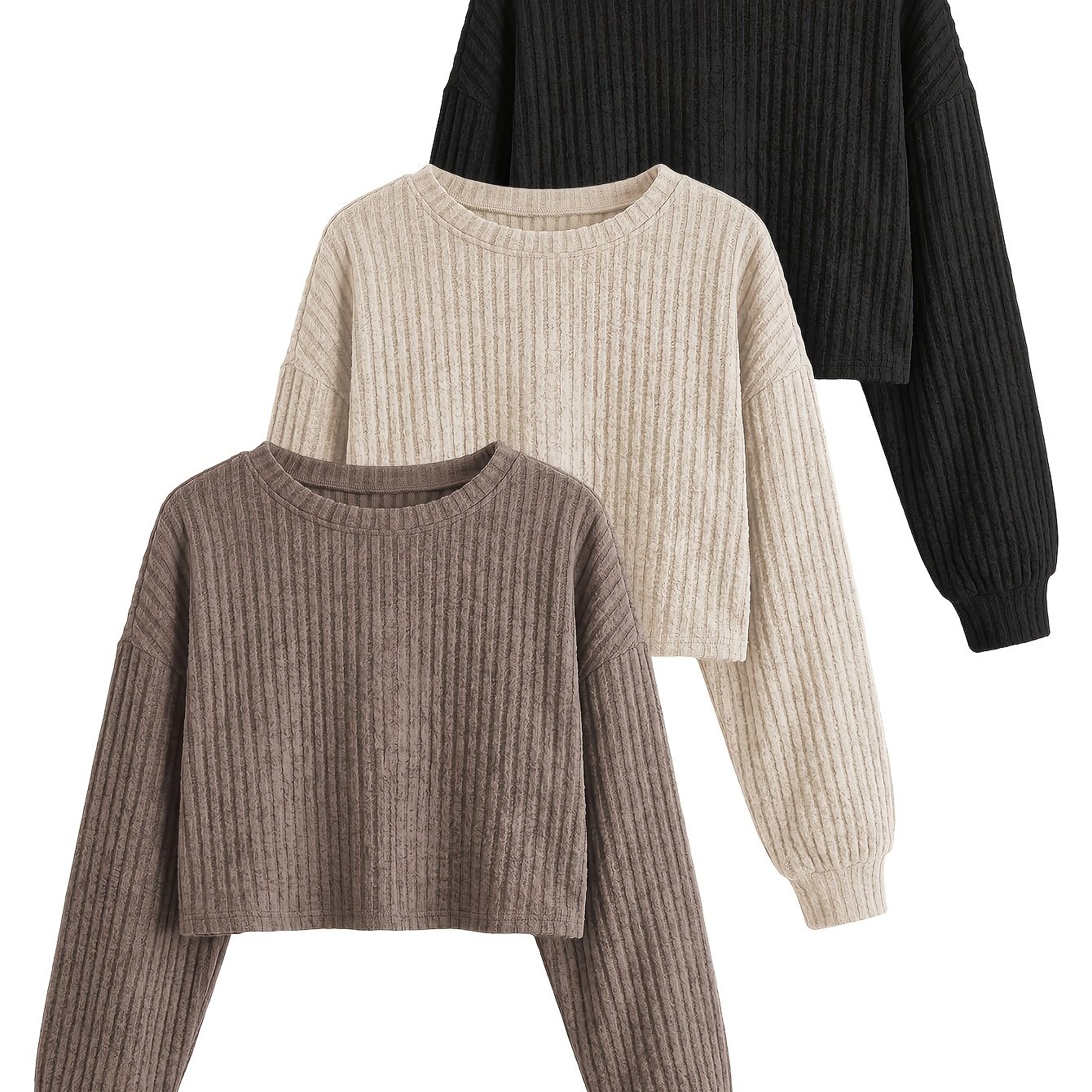 TEMU 3pcs Set Autumn Winter Women's Loungewear Short Round Neck Long Sleeve Pullover Sweater