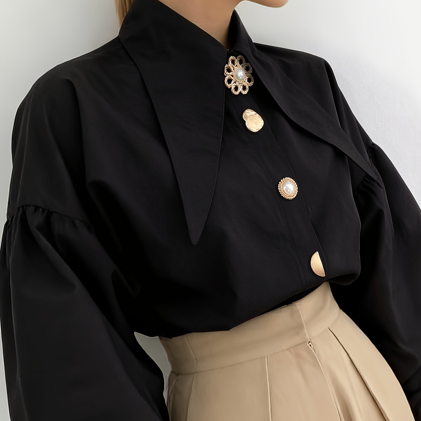 TEMU Spring/autumn Women's Shirt, Elegant Lapel Detachable Collar, Exquisite Button-up Long Sleeve Blouse