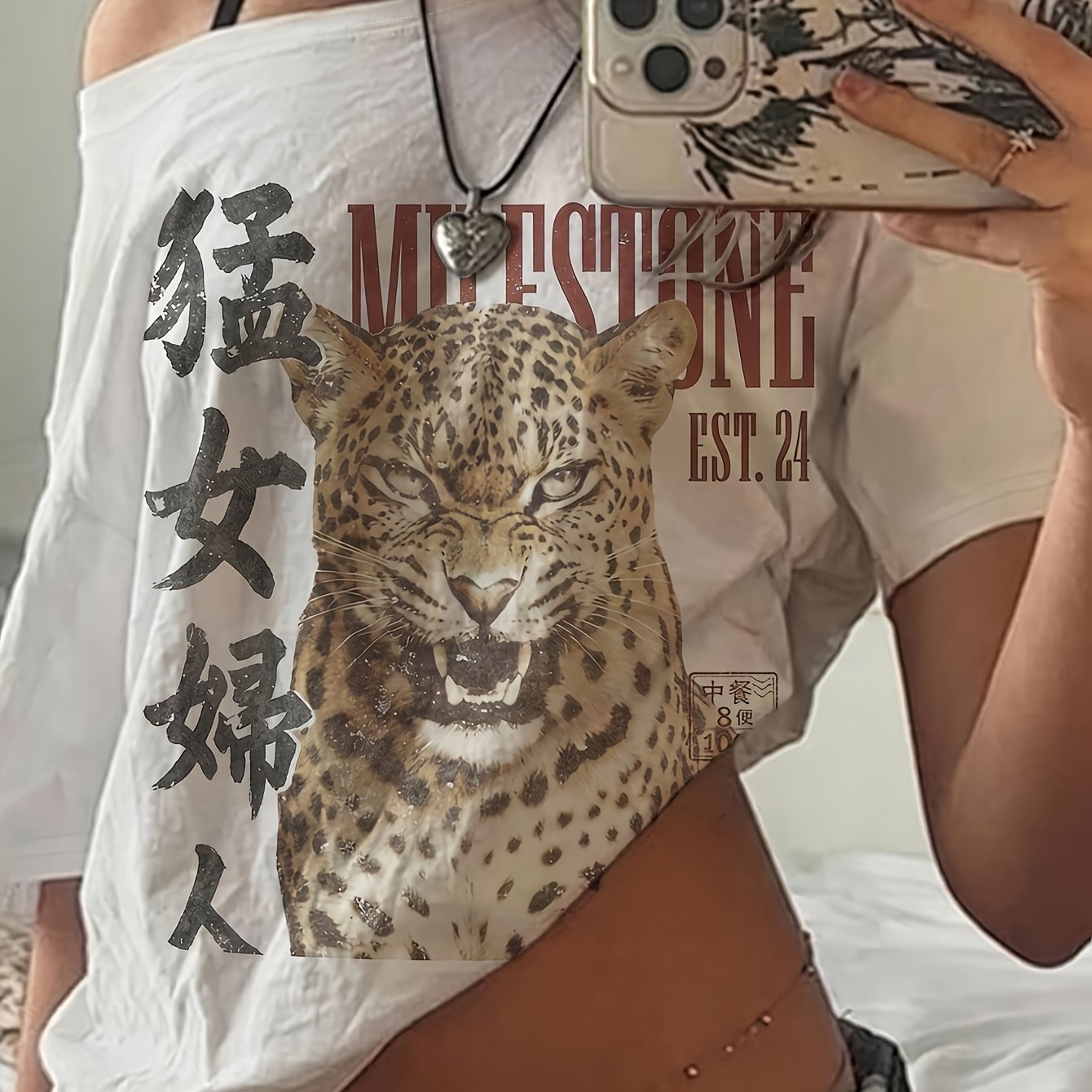 TEMU [ysss] Casual Minimalist Style Full-print Off-shoulder Loose Short Sleeve T-shirt, Suitable For Women, Summer Top