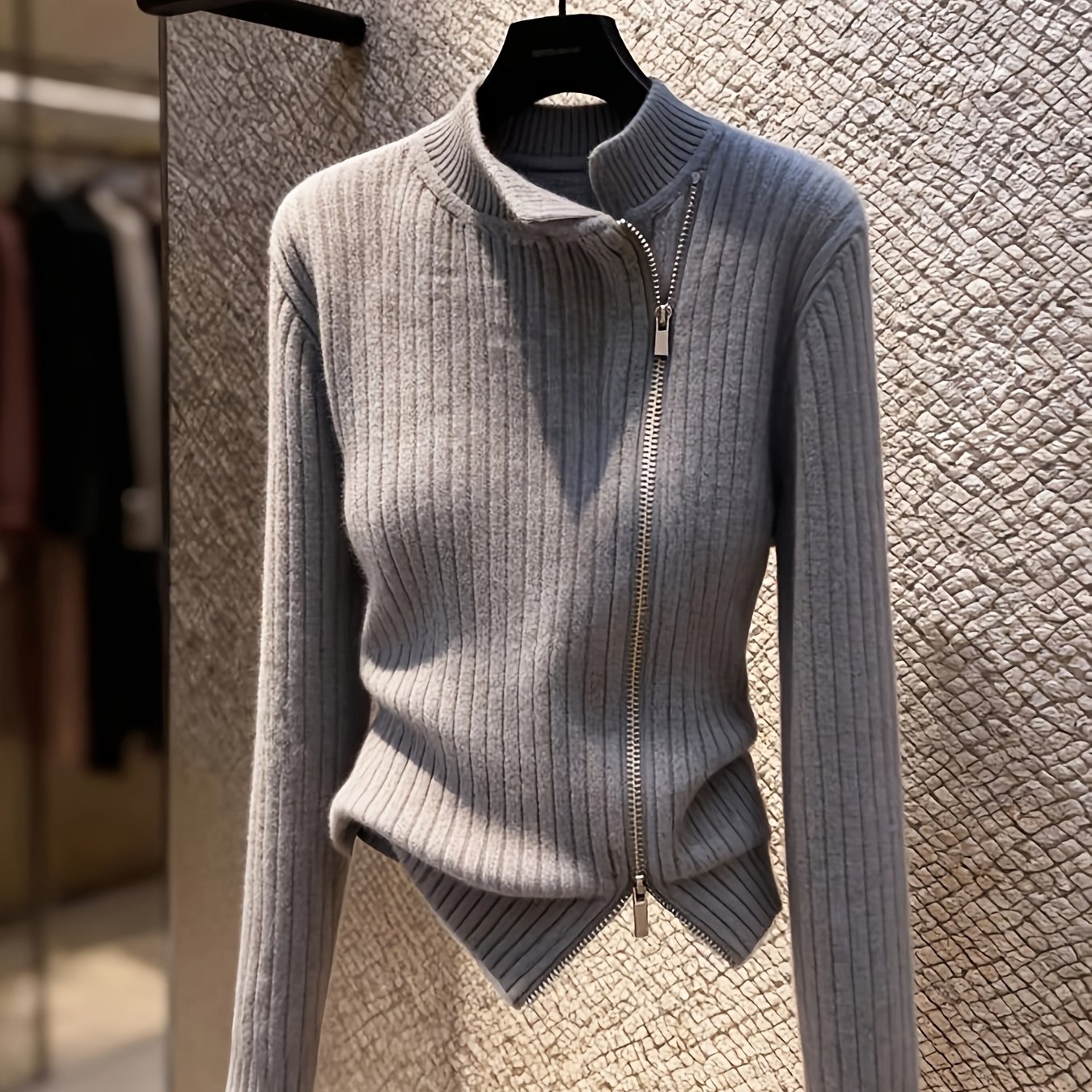 Image of Women's Pullover Sweaters And Cardigans For Autumn And Winter, Premium Texture Tailoring, Diagonal Zipper, Unique Stand Collar, Stretchable, Soft And Skin-friendly, Front Diagonal Metal Zipper Design