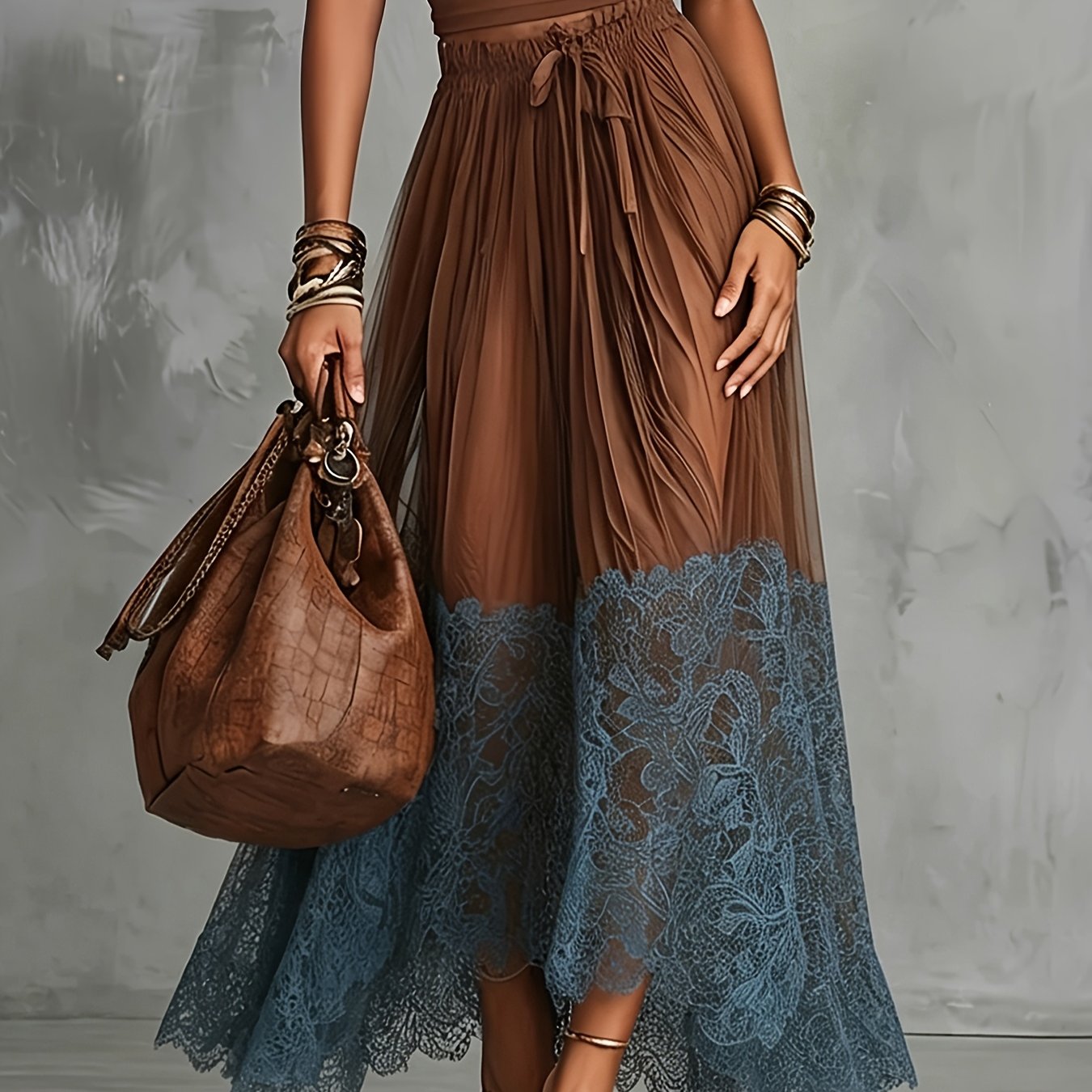 TEMU Elegant Special #b2008 Elegant Blue Lace-trim Maxi Skirt, Fashionable Casual Elegant Skirt, And Sexy Midi Skirt, Women's Vintage Simple Casual