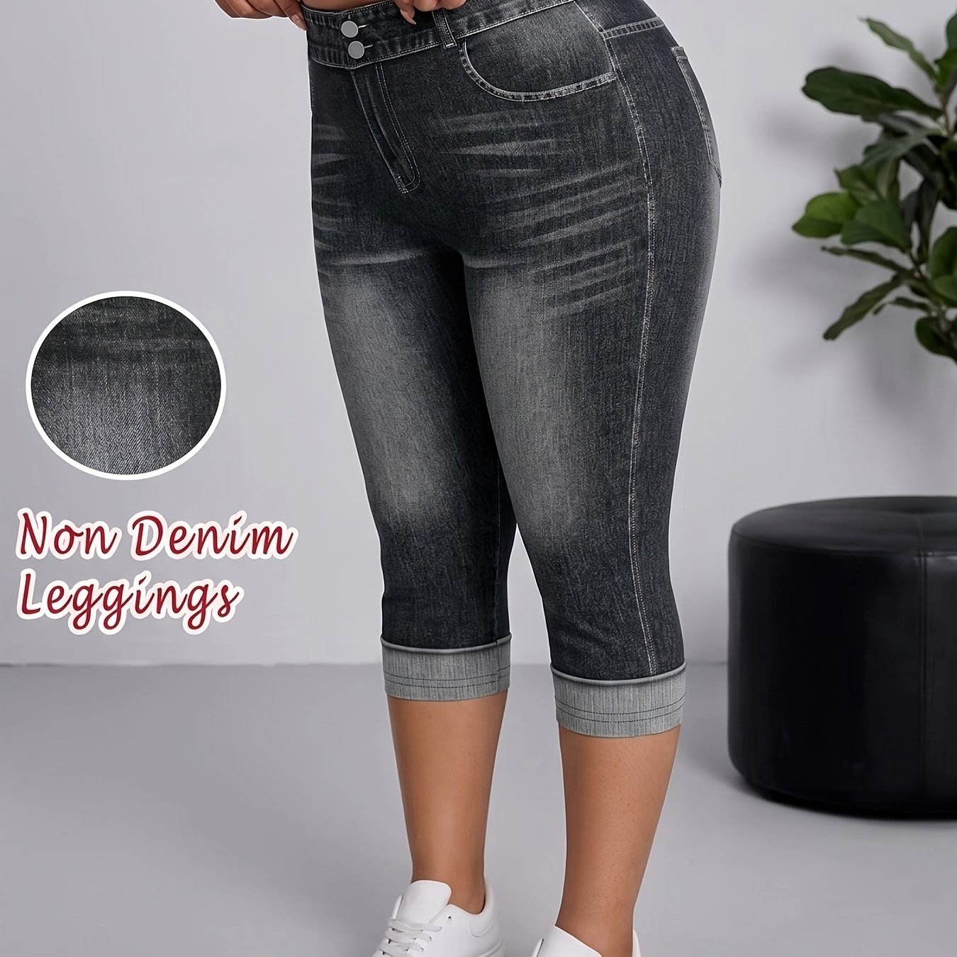 TEMU Tallas Grandes, [Pantalones Estampados - Tela de Denim] Leggings Capri de Tiro Denim para Mujeres Tallas Grandes - Pantalones Cómodos y Opacos