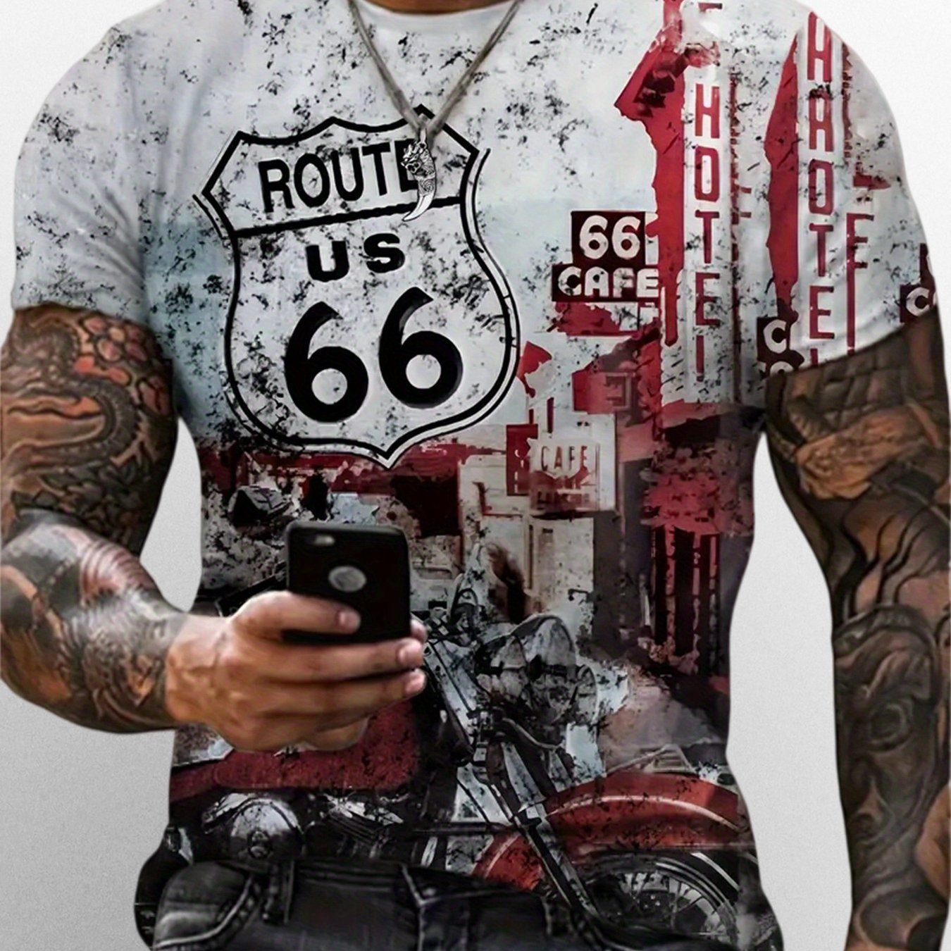 TEMU Men's Route 66 Motorcycle T-shirt - Retro 66 Highway Print Short Sleeve Tee, Casual Round Neck Summer Top With Iconic Suitable For & Trips