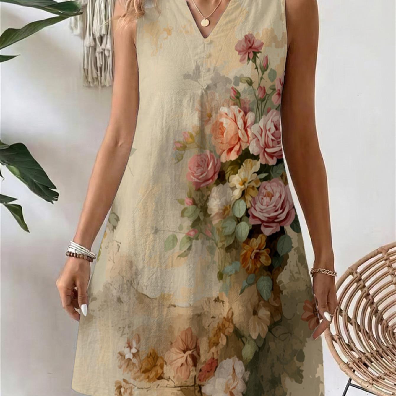 Women's Vintage Floral Print Short-sleeve A-line Dress With Small V-neck And Romantic Muted