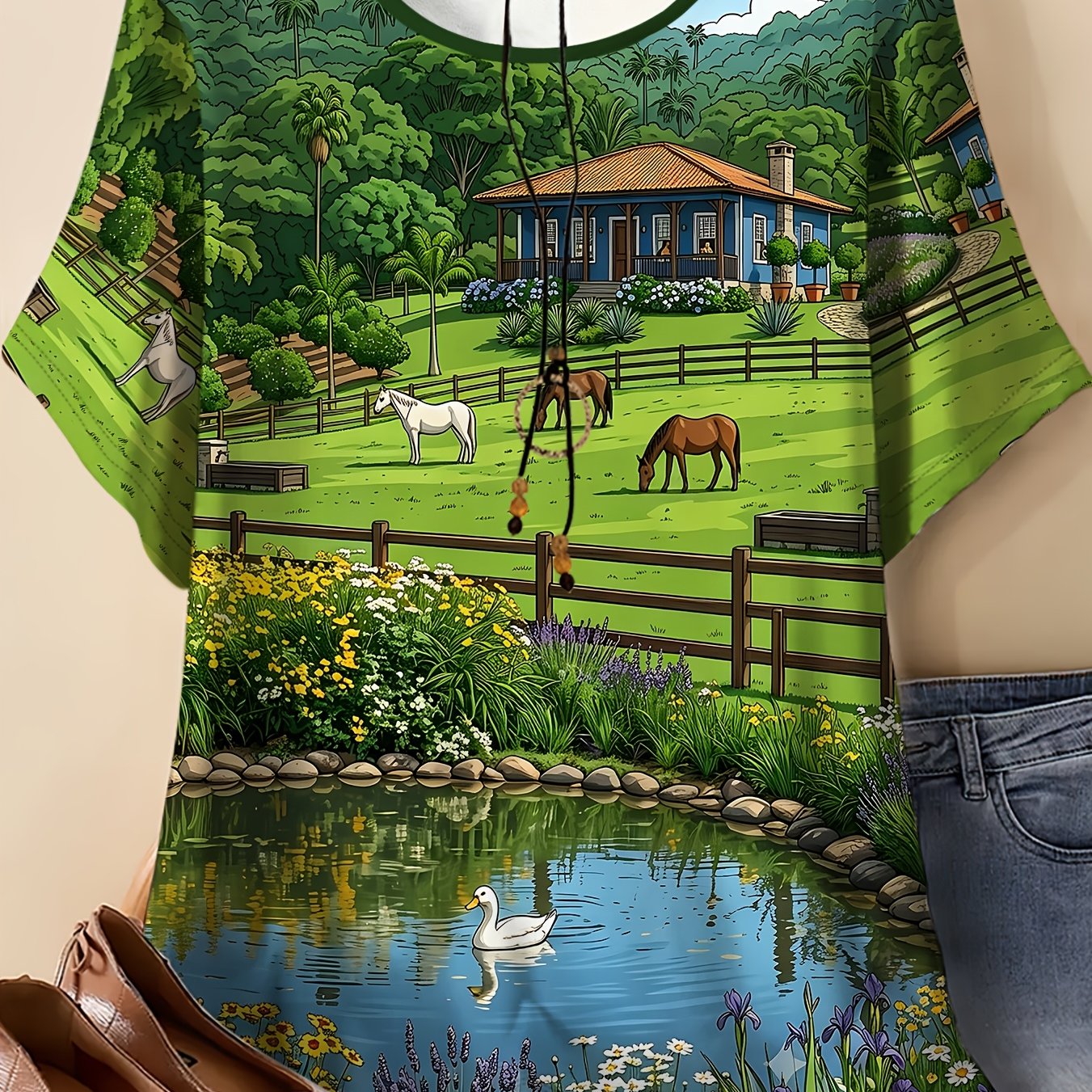 TEMU Women's Plus Size Summer Short Sleeve T-shirt - Full-body Horse & Countryside Print Round Neck Suitable For Farm , Equestrian Events, Casual