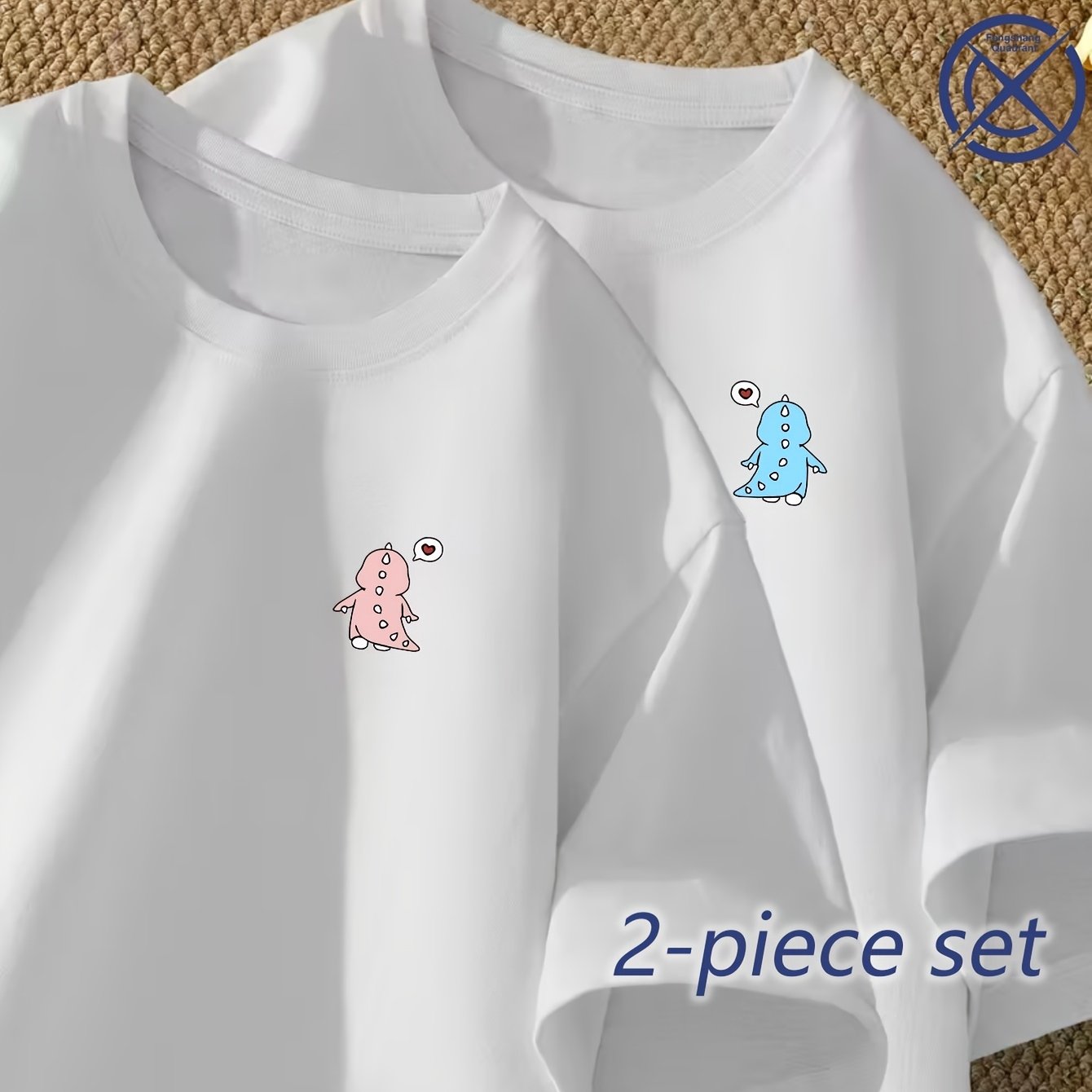TEMU Saint-Valentin 2 pièces Nouveau Haut Dinosaure Motif Couple Imprimé T-shirt Manches Courtes Couple Dîner/Voyage Enregistrement Multi-Scènes