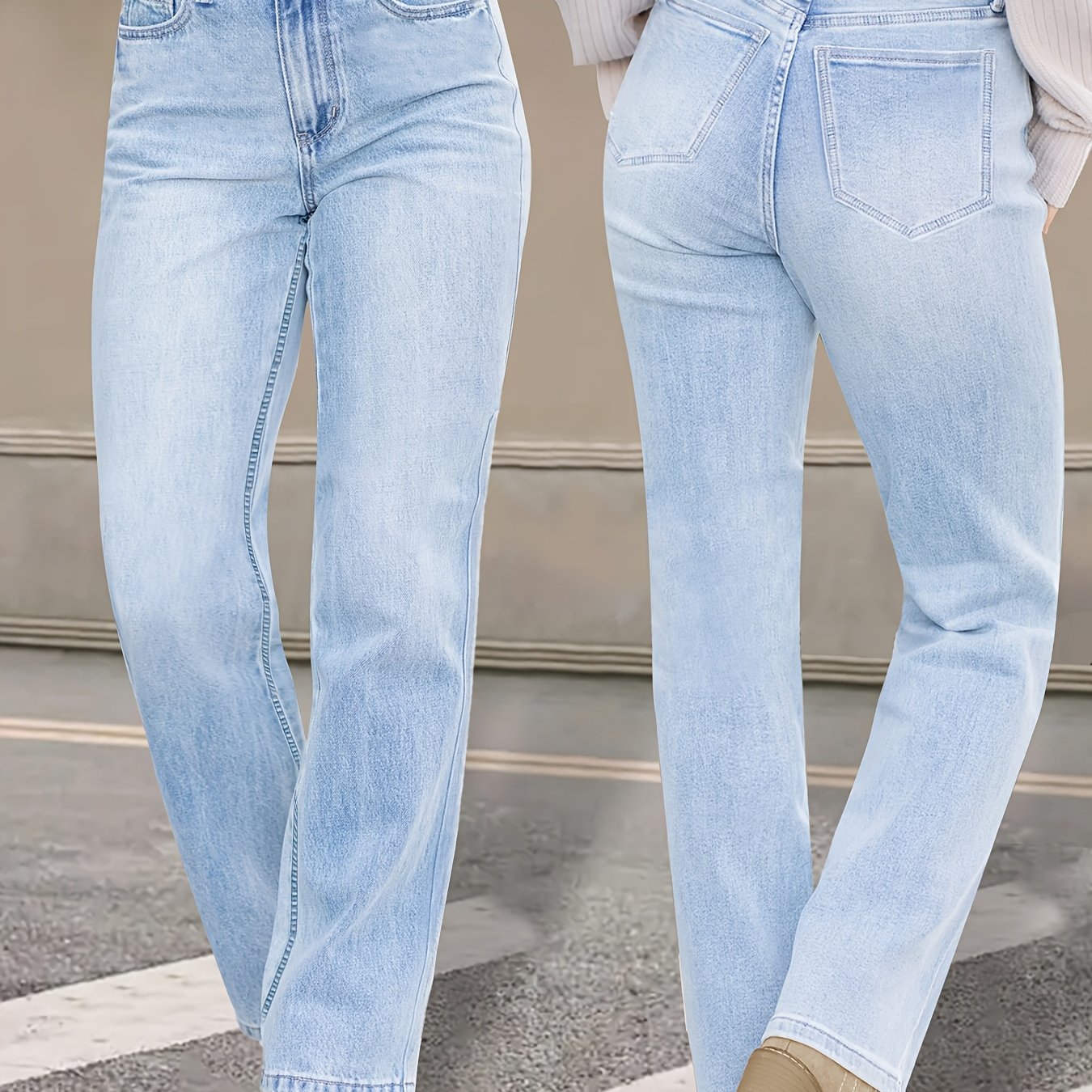 Image of Women's Elastic Slim Straight Jeans, Mid-waist Fashion Multi-pocket Casual Pants, Washed Blue Denim Trousers, Comfortable , Leisure Weekend Wear