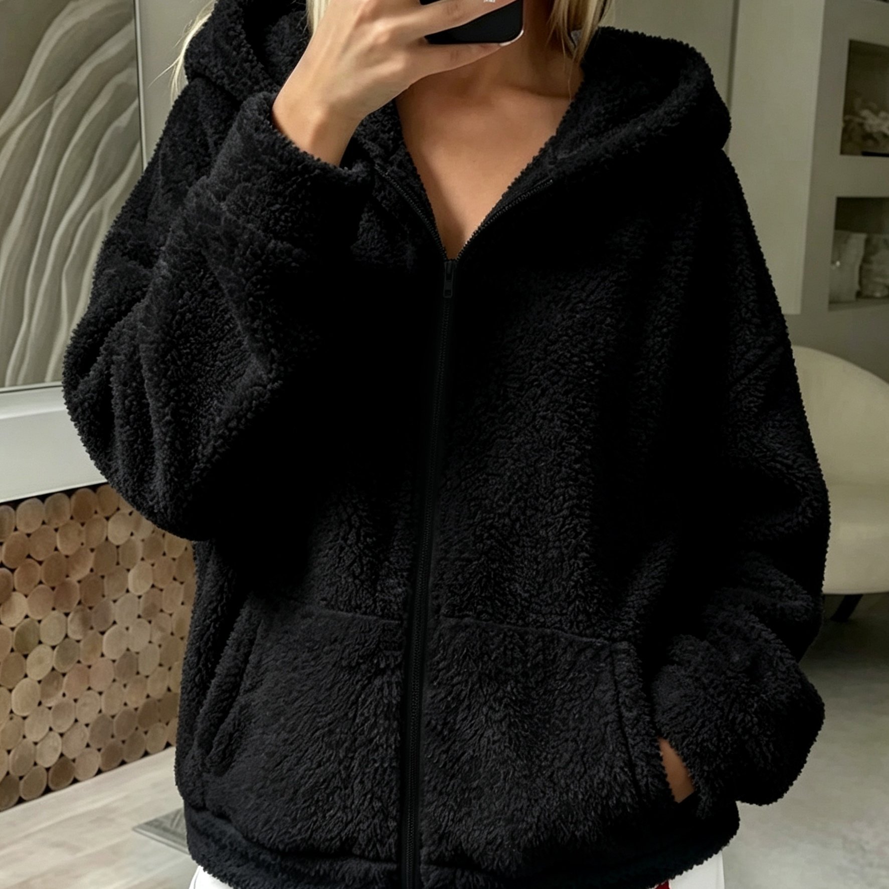 TEMU Veste zippée à capuche chaude et décontractée pour femmes, haut d'intérieur à manches longues avec poche en peluche pour /hiver